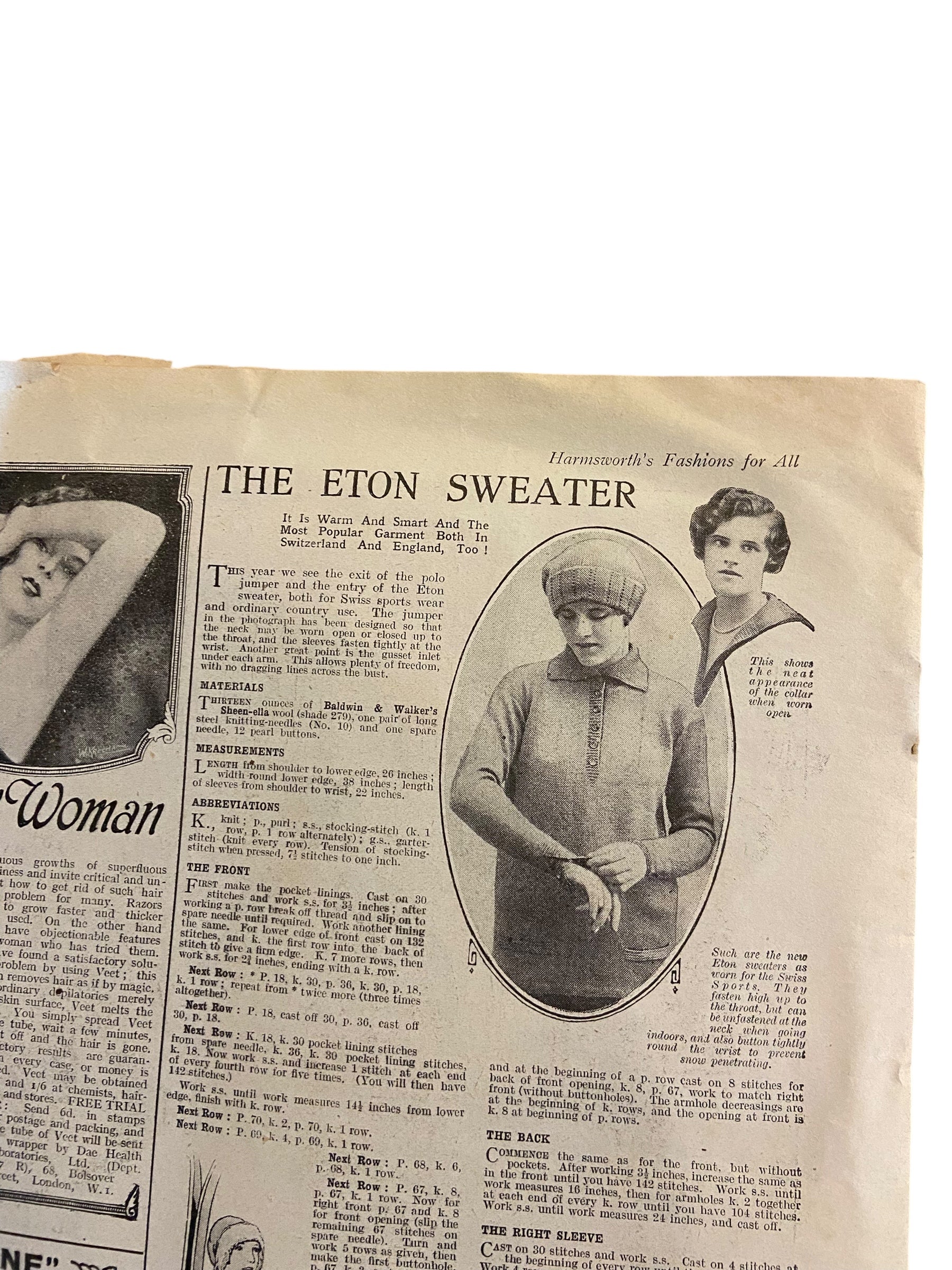 Fashions for All magazine February 1925 with two dress sewing patterns, unused. Bust 36 inches.