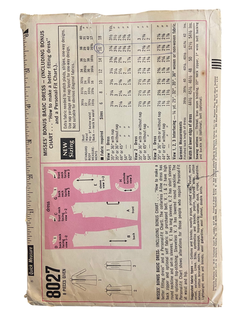 Simplicity 8027 vintage 1960s dress sewing pattern. Bust 38 inches