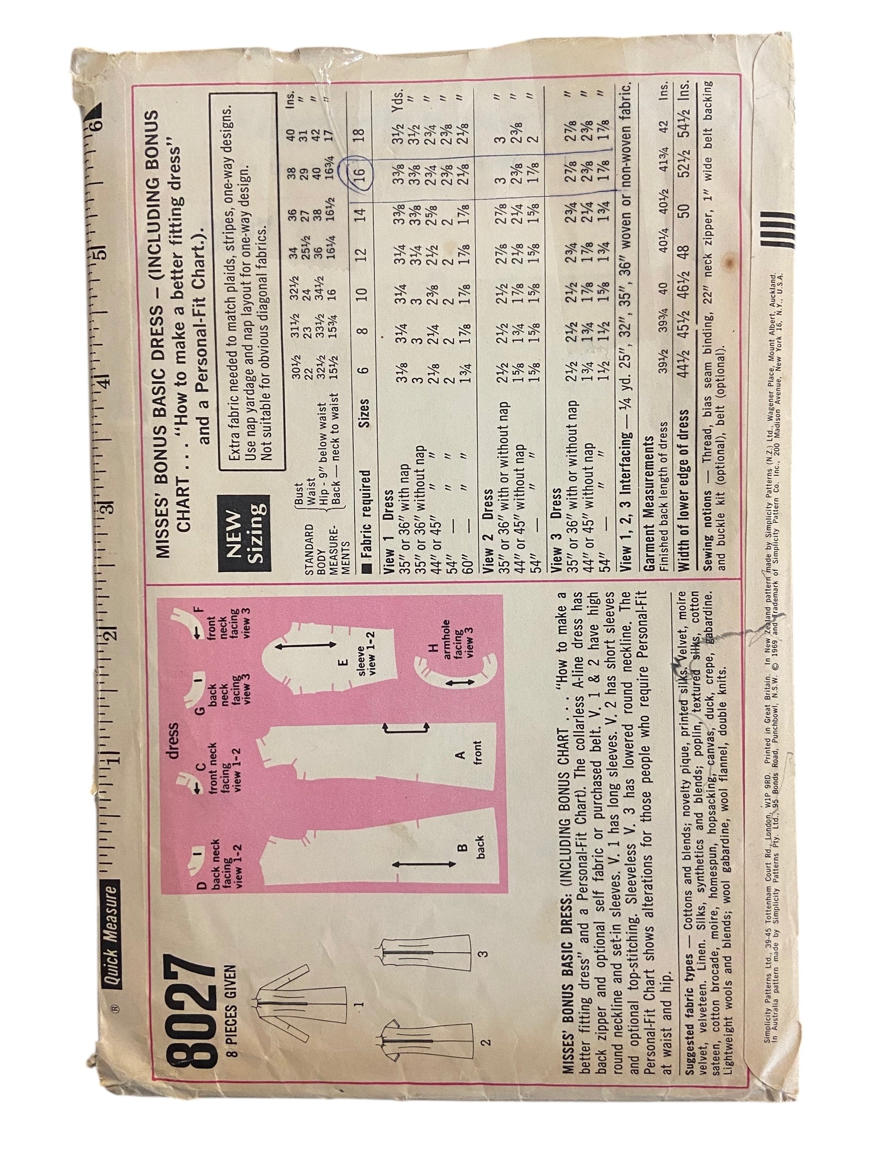 Simplicity 8027 vintage 1960s dress sewing pattern. Bust 38 inches