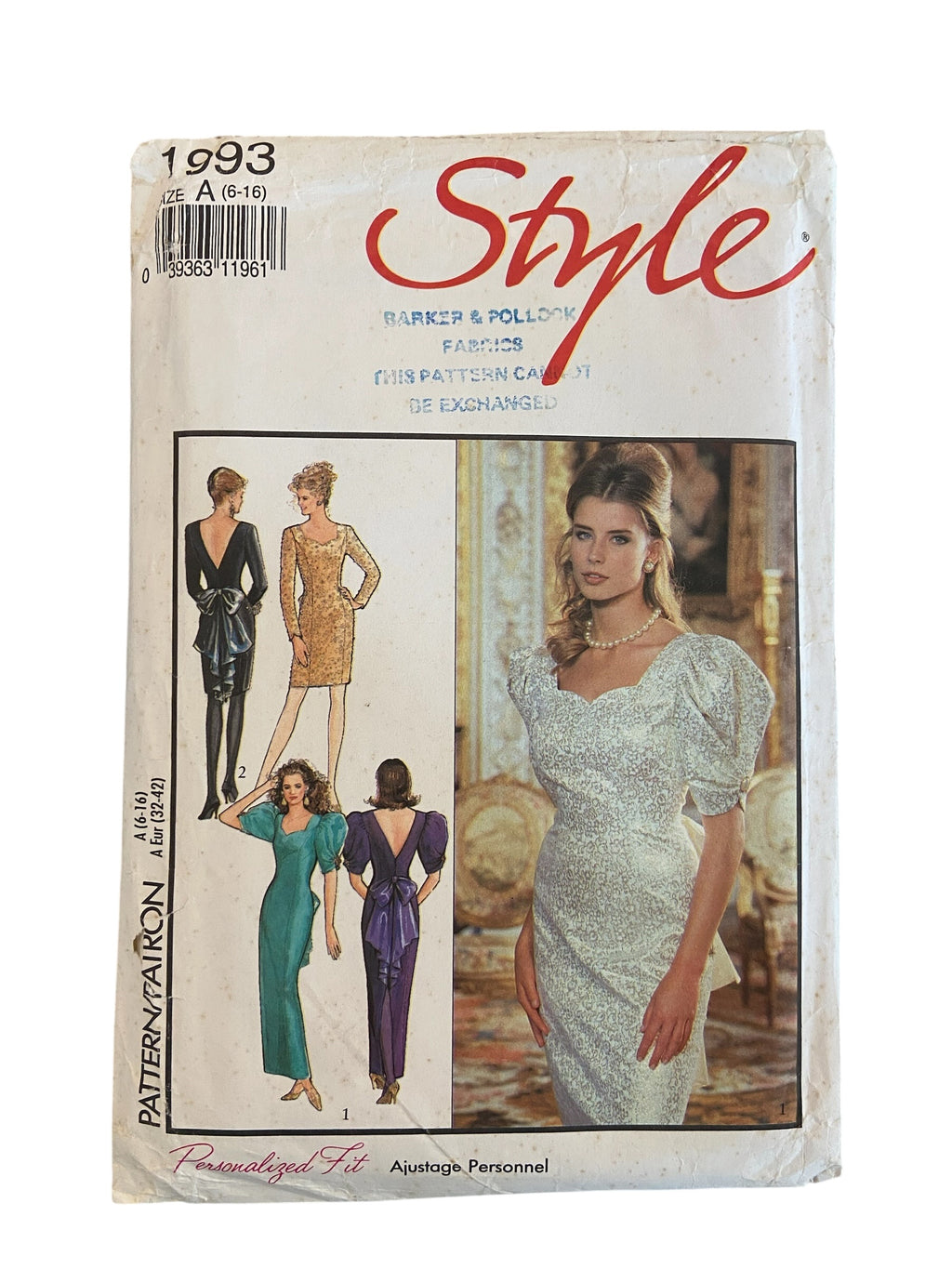 Style 1993 vintage 1980s evening dress pattern Bust 30.5, 31.5, 32.5, 34, 36, 38 inches
