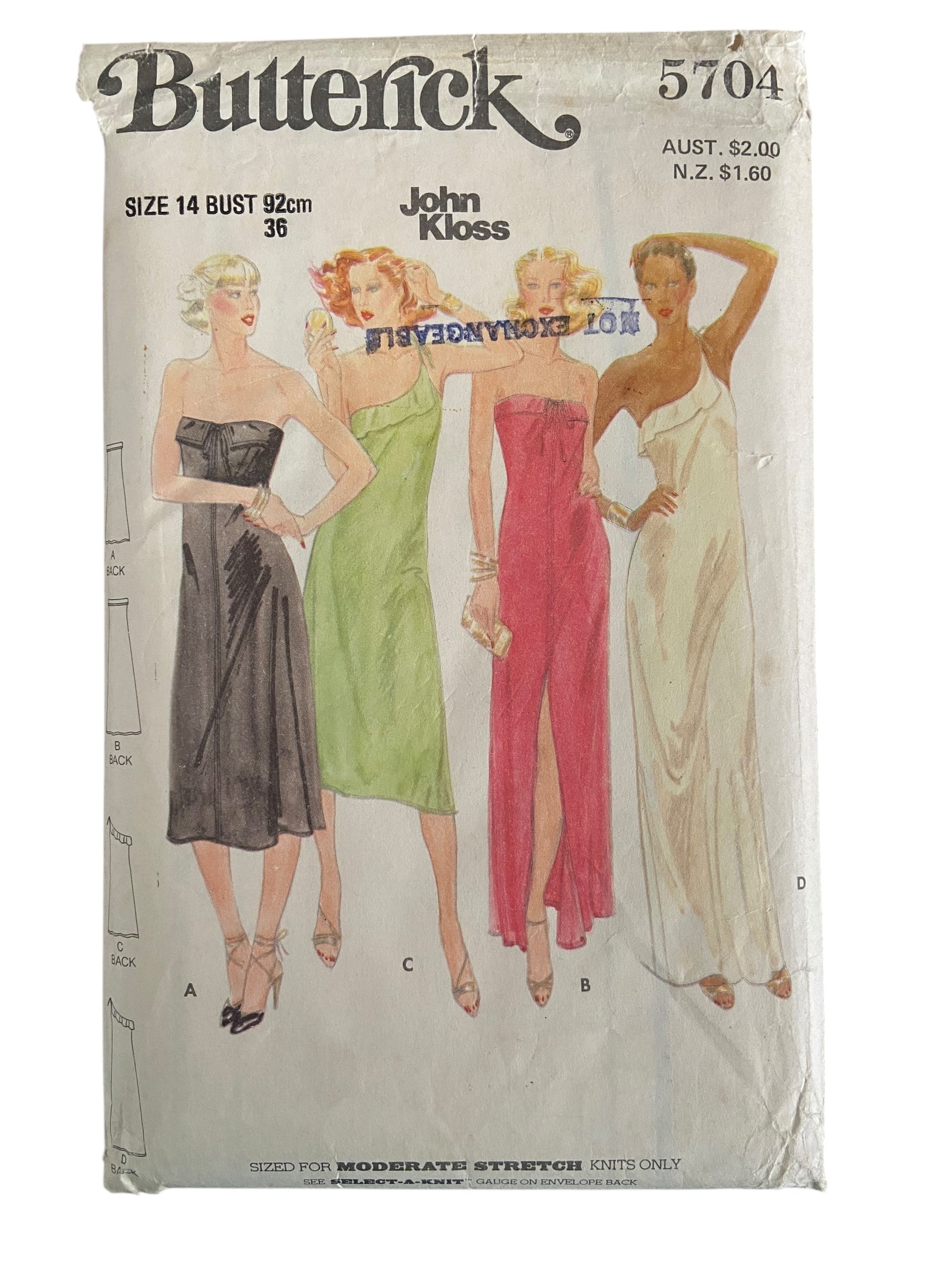 Butterick 5704 vintage 1970s John Kloss sewing gowns pattern. Bust 36 inches
