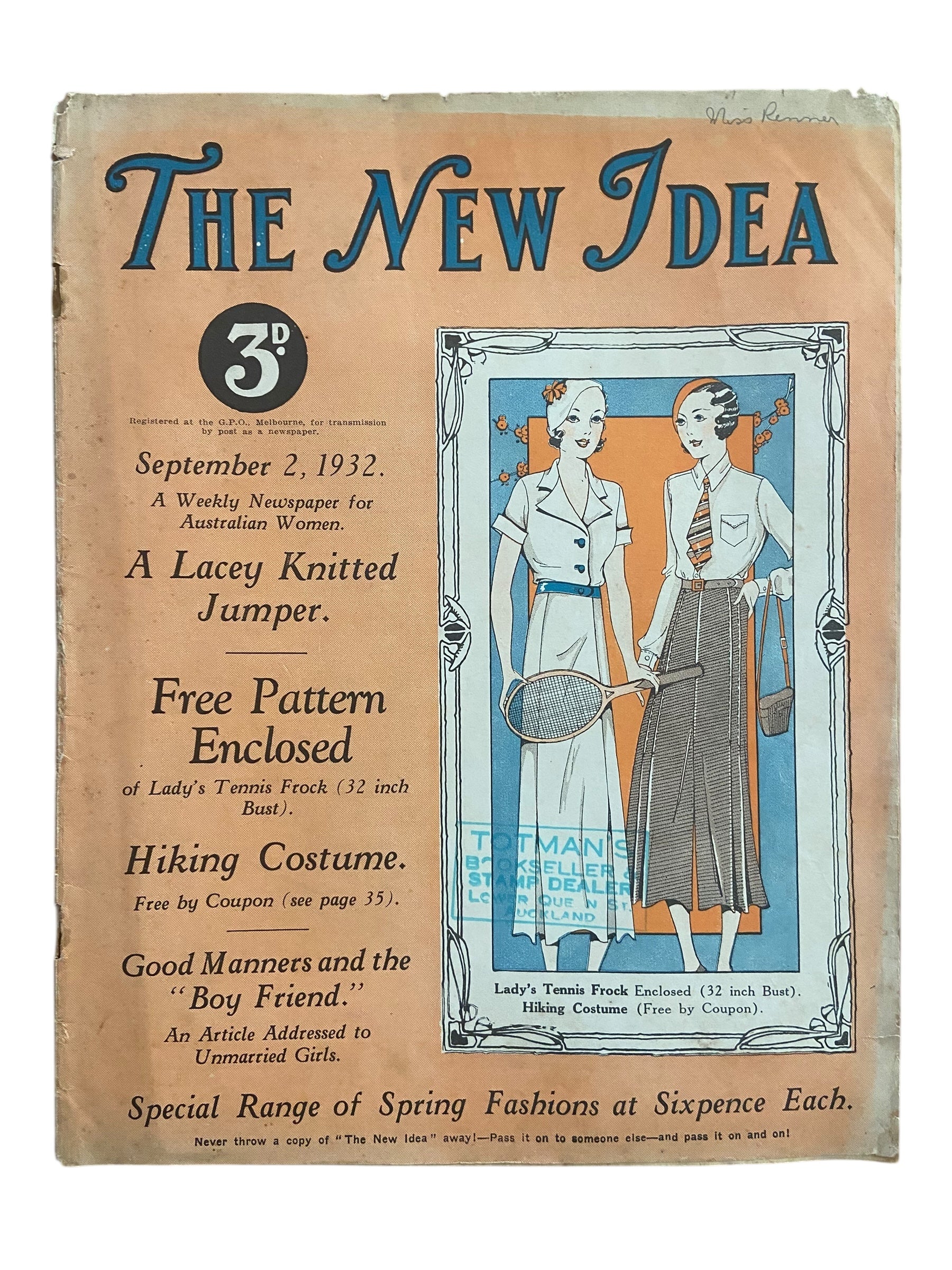 The New Idea magazine September 2 1932 with sewing pattern, tennis dress, unused, factory folded, bust 32 inches