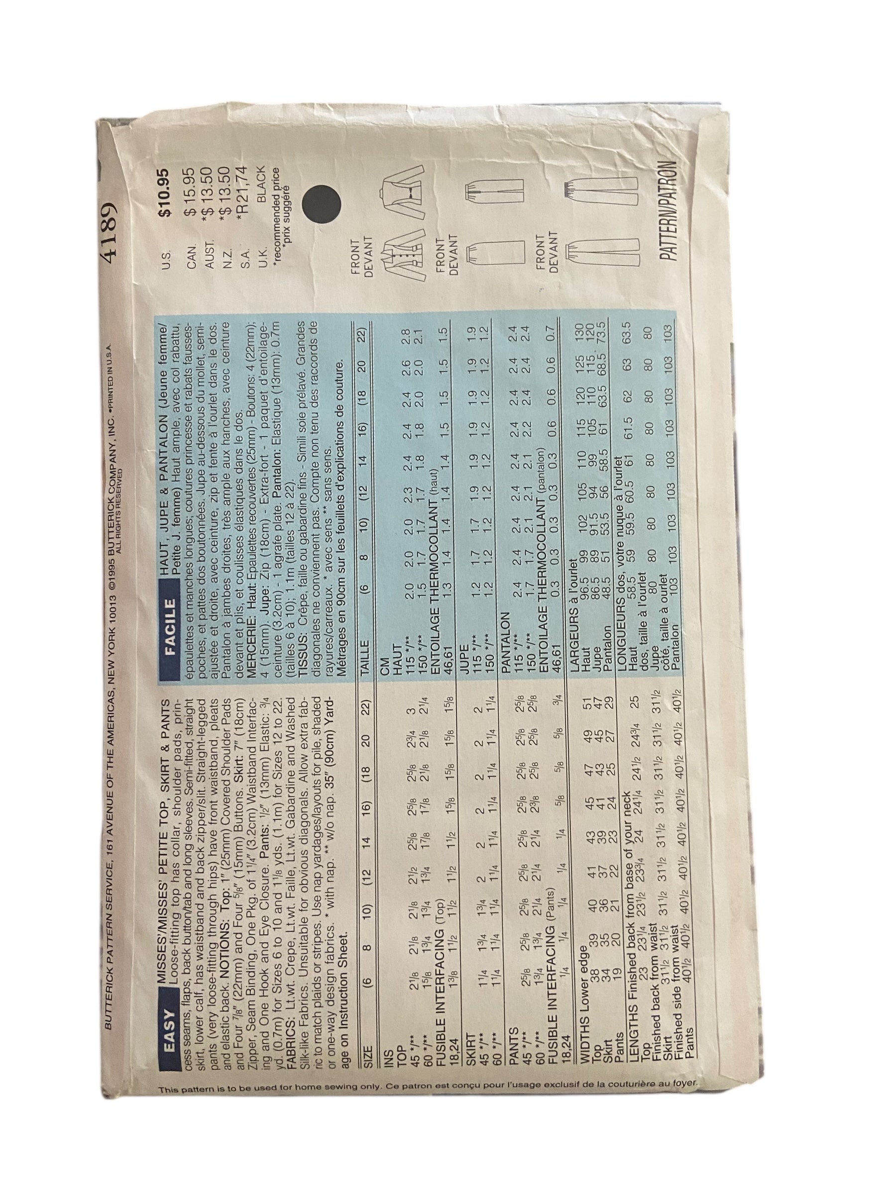 Butterick 4189 vintage 1990s top, pants and skirt sewing pattern. Bust 30.5, 31.5, 32.5 inches