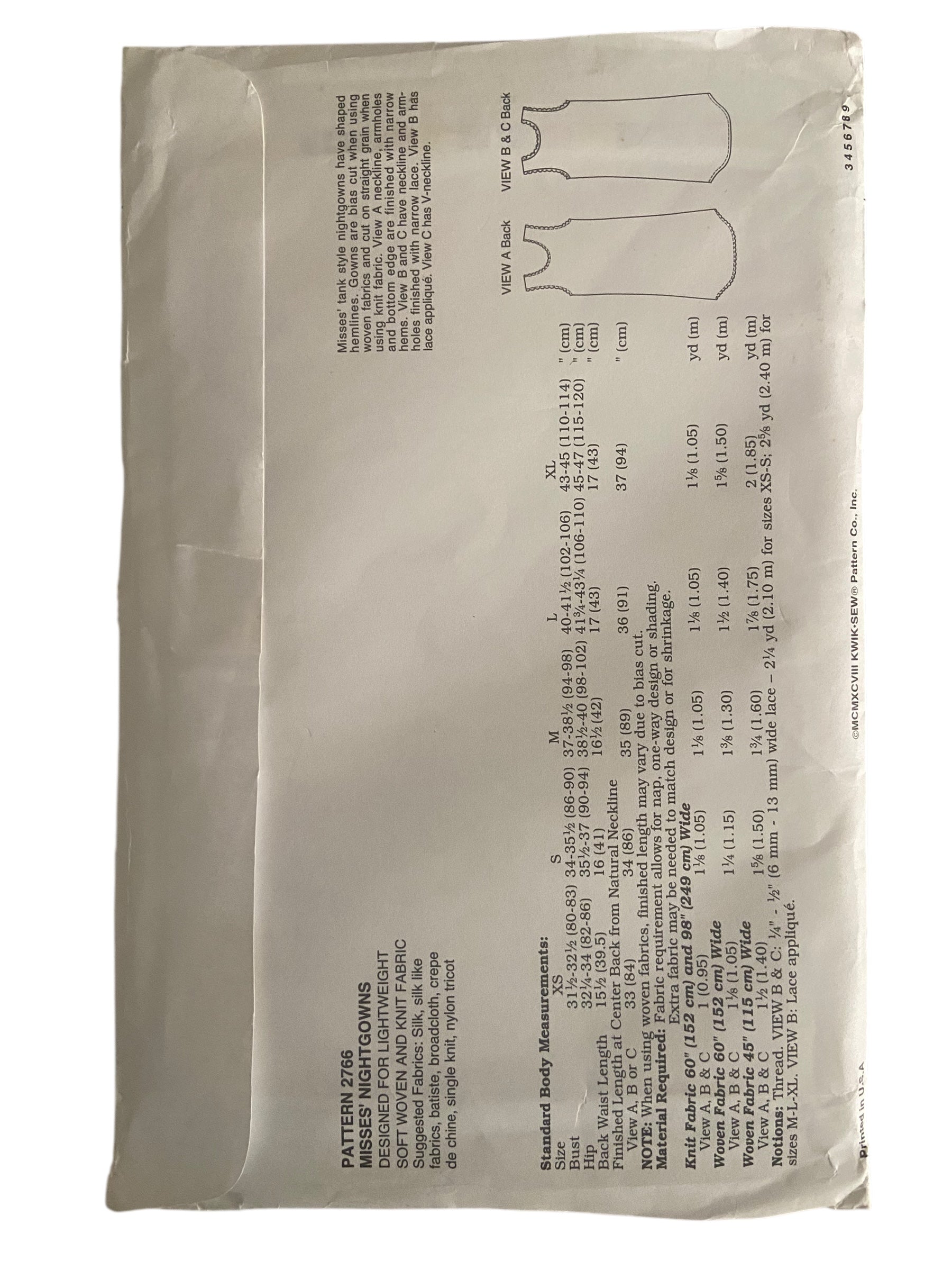Kwik Sew 2766 vintage 1990s nightgown sewing pattern