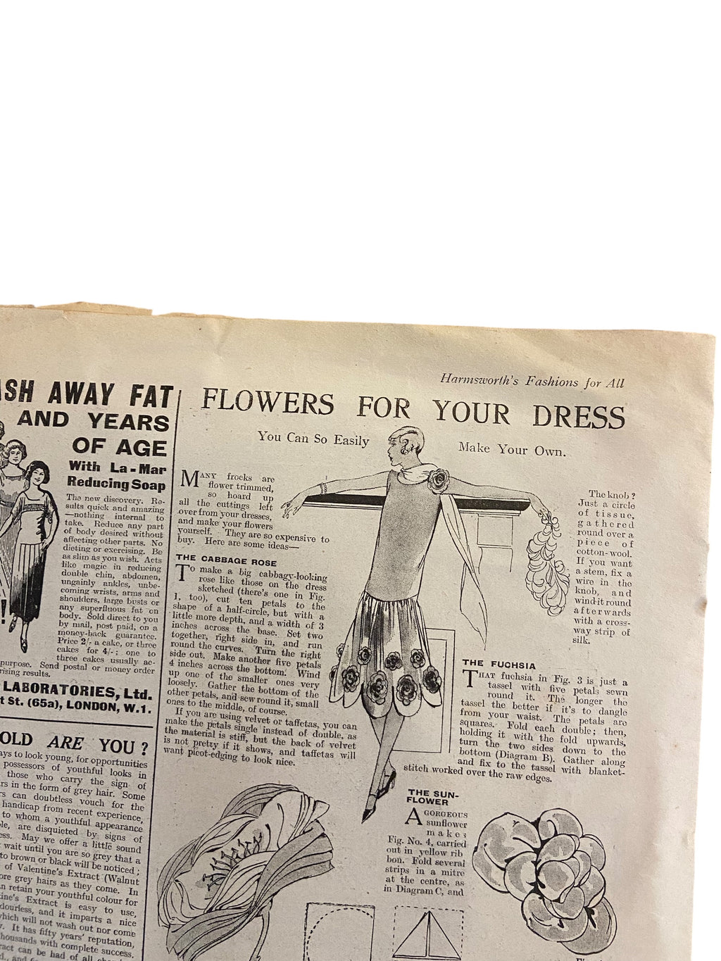 Fashions for All magazine February 1925 with two dress sewing patterns, unused. Bust 36 inches.