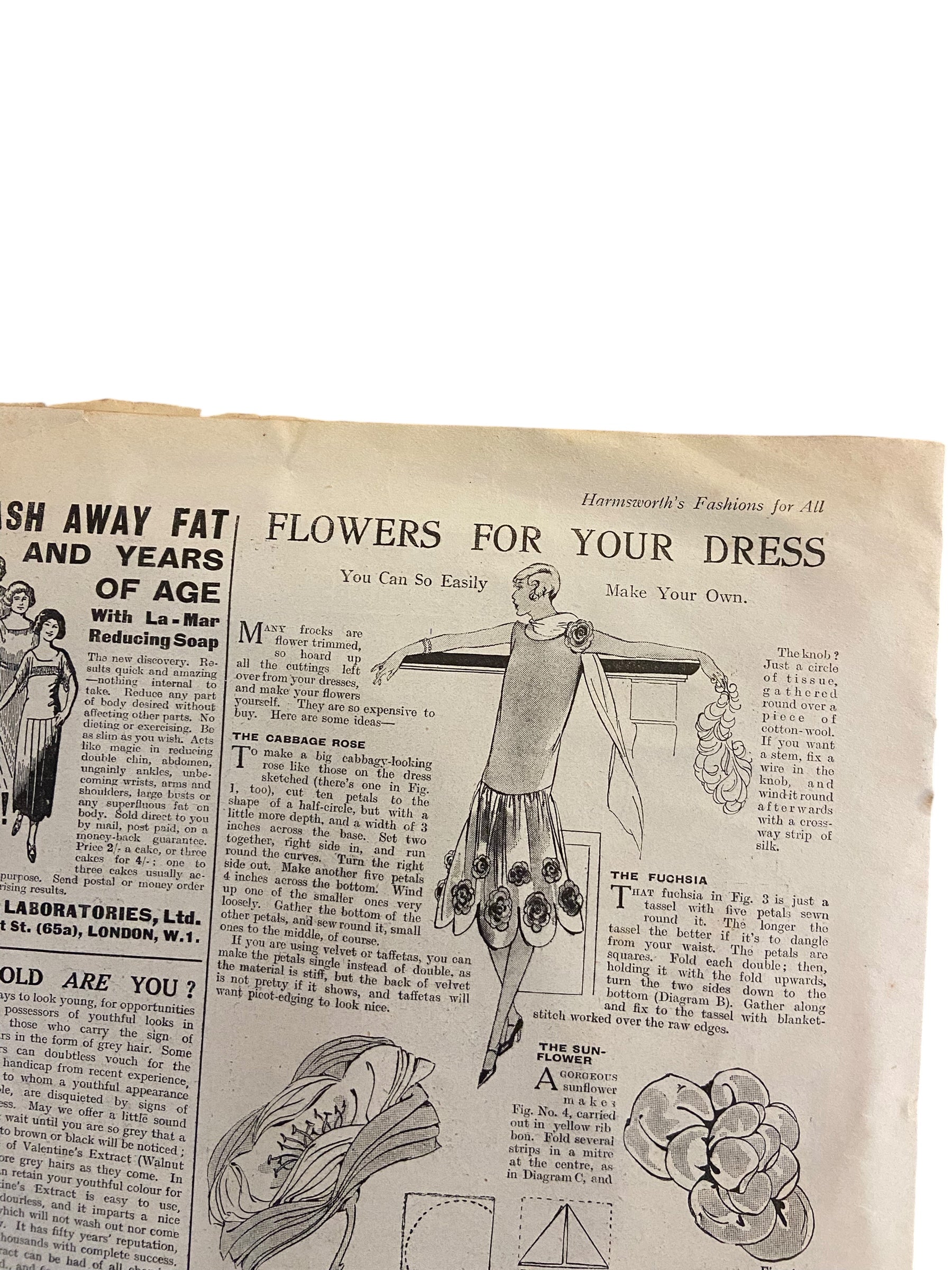Fashions for All magazine February 1925 with two dress sewing patterns, unused. Bust 36 inches.