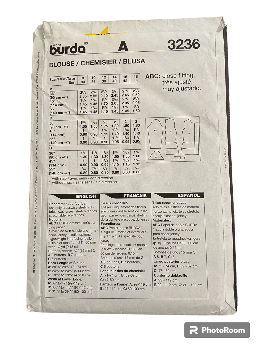 Burda 3236 vintage 1990s blouses sewing pattern multisize