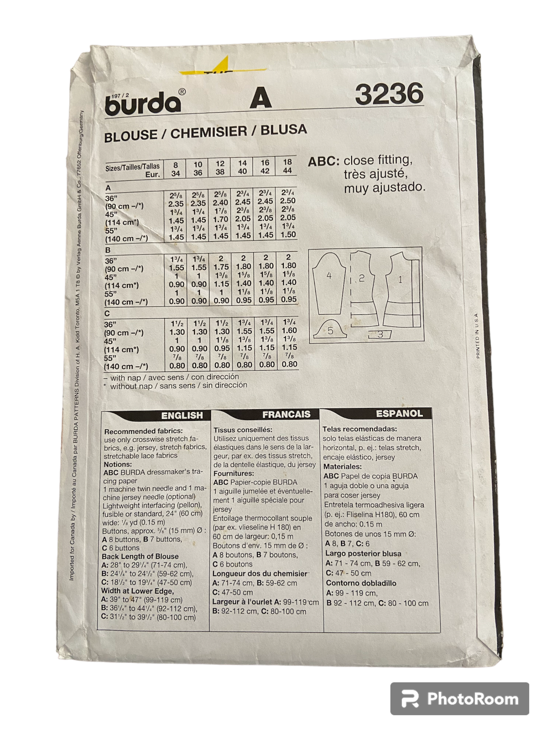 Burda 3236 vintage 1990s blouses sewing pattern multisize