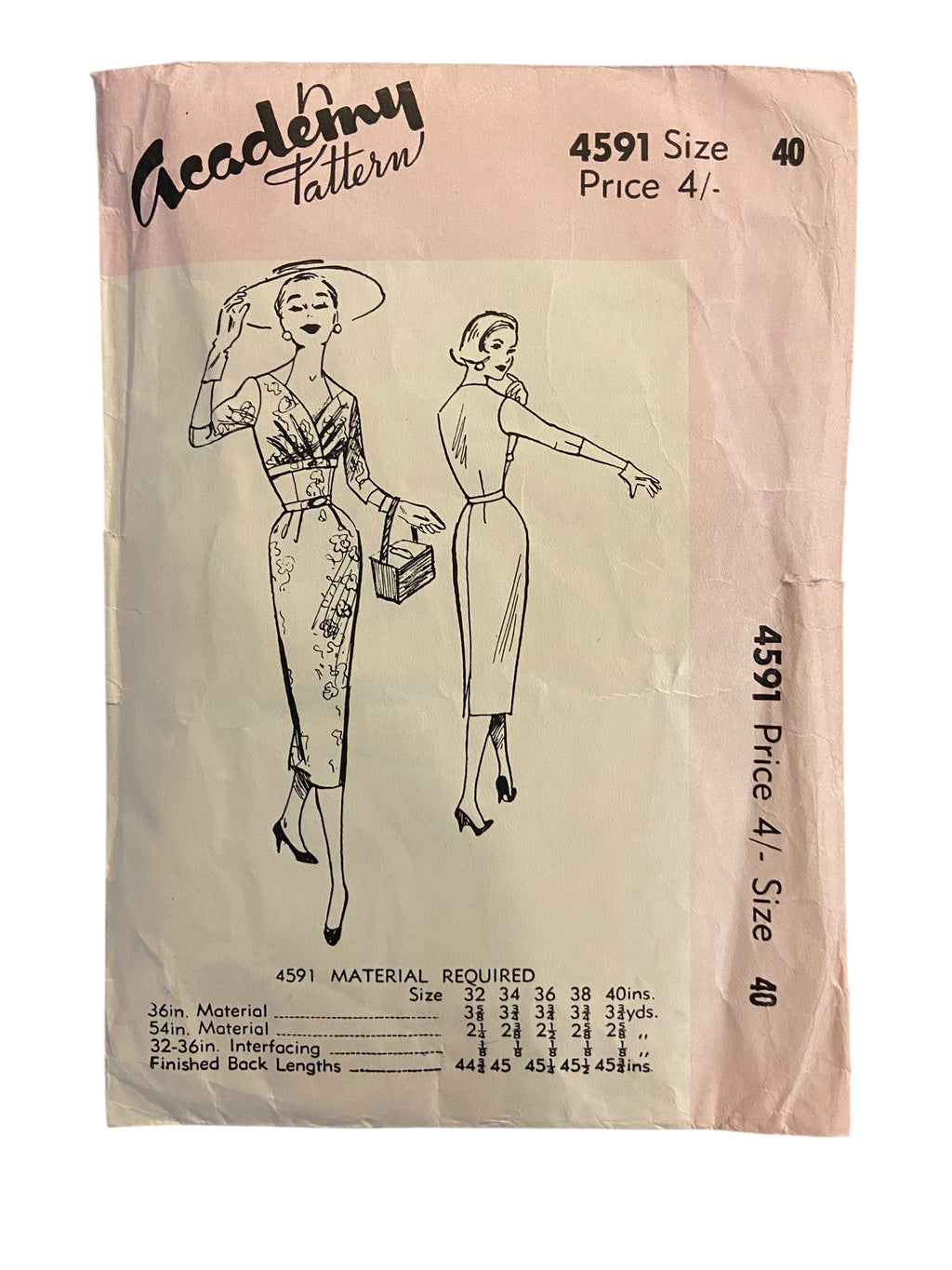 Academy 4591 vintage 1950s UNPRINTED dress sewing pattern Bust 40 inches