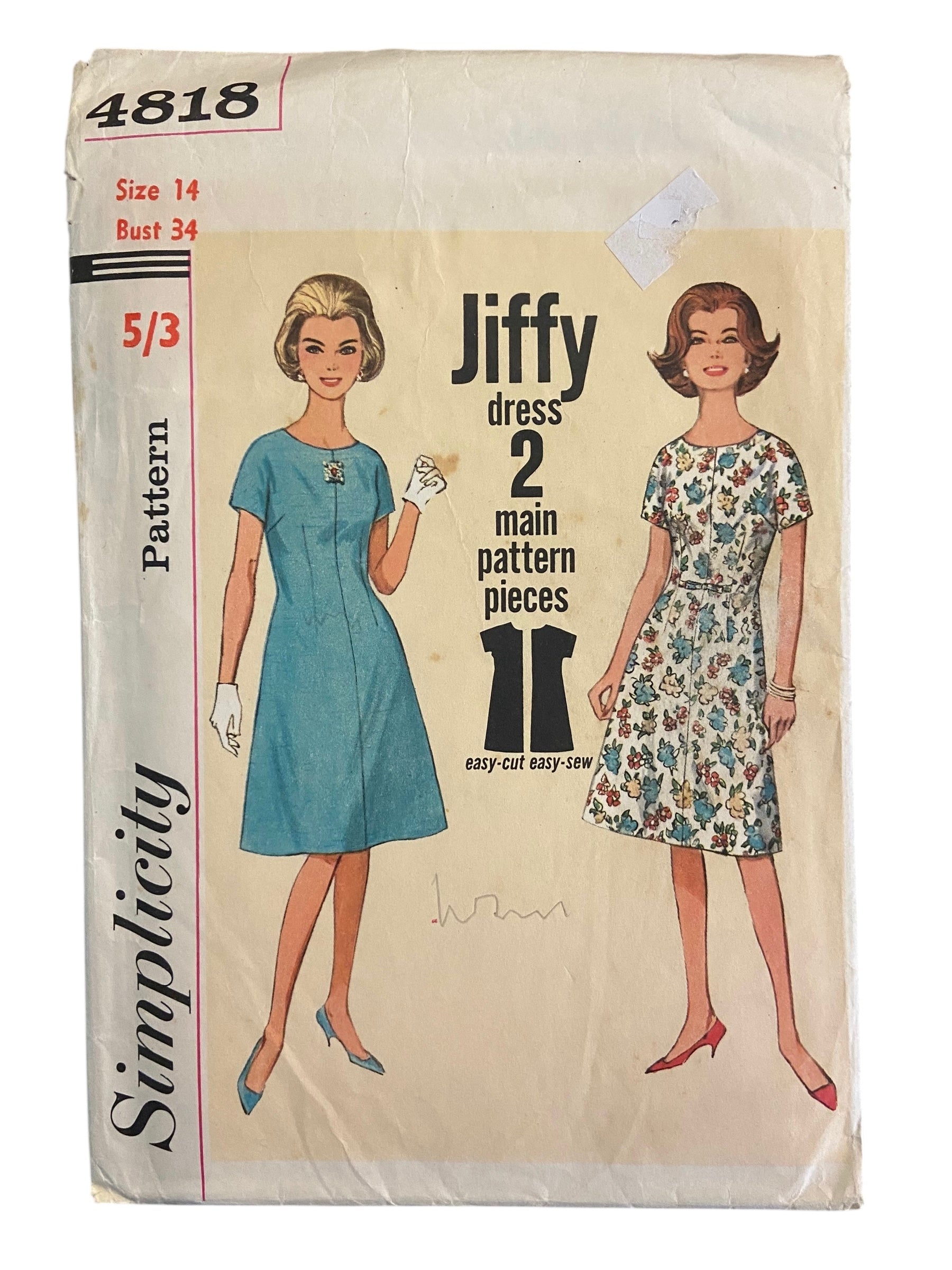 Simplicity 4818 vintage 1960s dress sewing pattern. Bust 34 inches