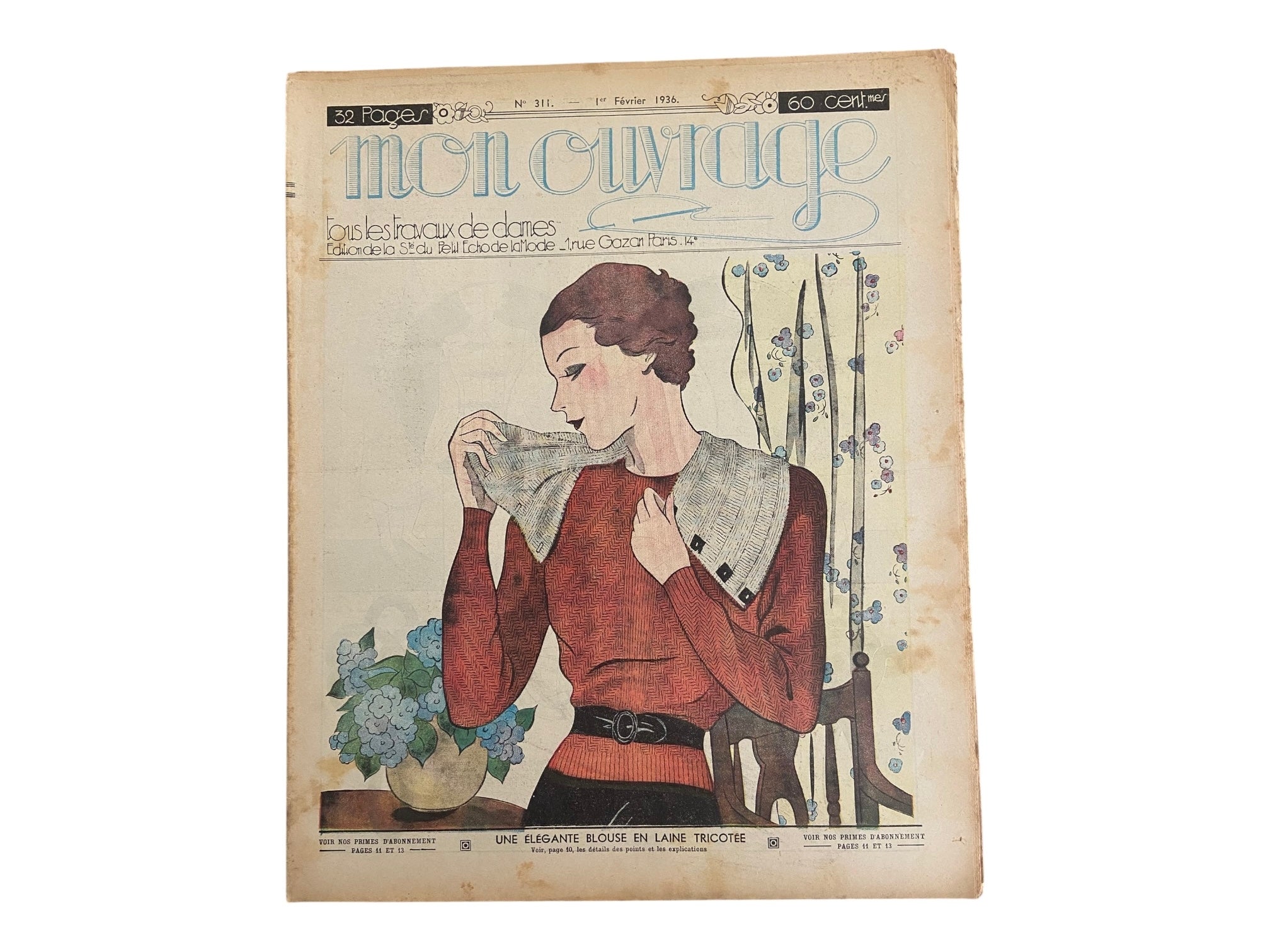 Mon Ouvrage 1 Fevrier 1936 vintage French craft magazine with knitting pattern for the jumper and mini cape on the cover