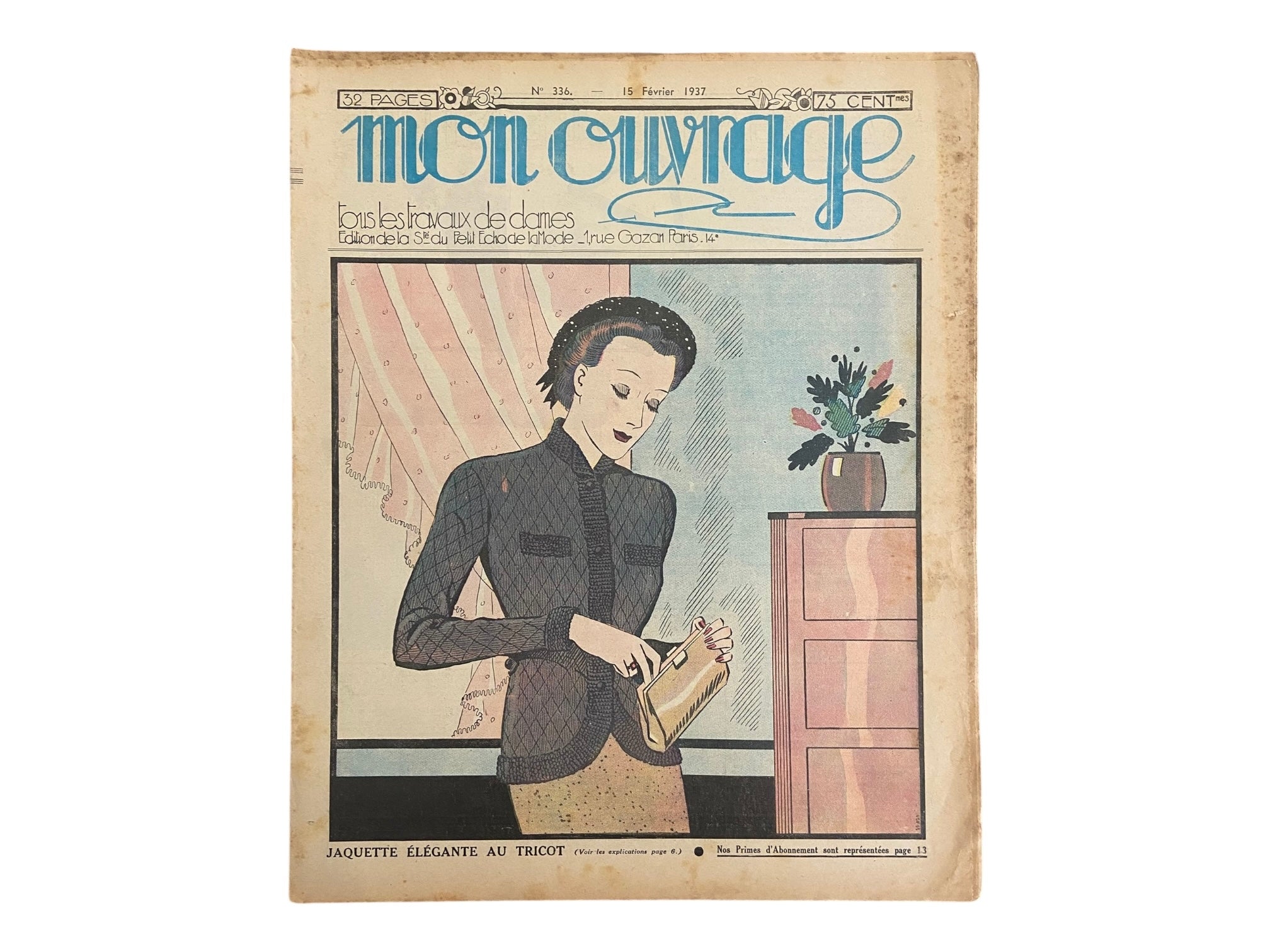Mon Ouvrage 15 Fevrier 1937 vintage French craft magazine with knitting pattern for the elegant jacket on the cover