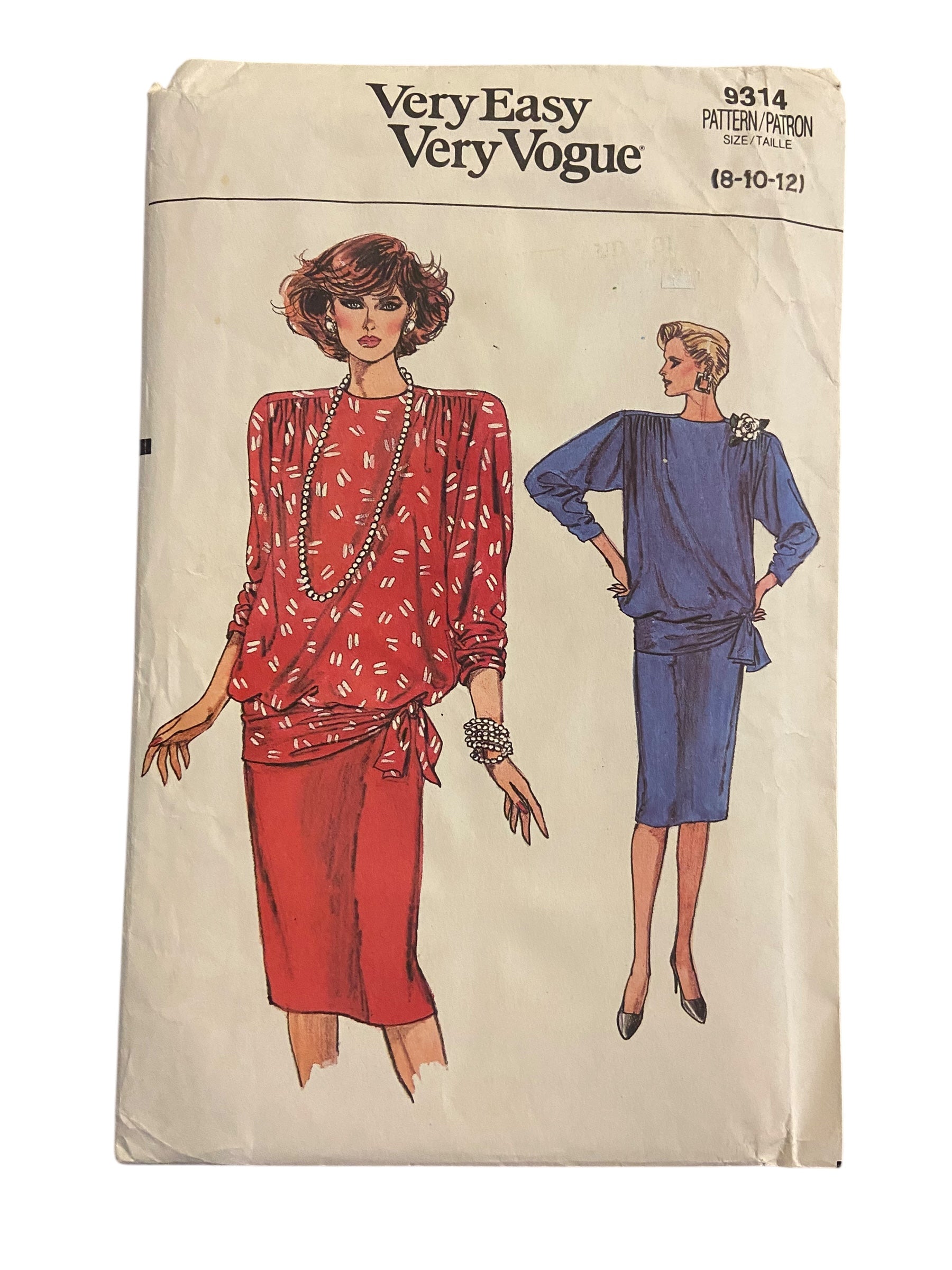 Vogue 9314 vintage 1980s top and skirt sewing pattern. Bust 31.5, 32.5, 34 inches