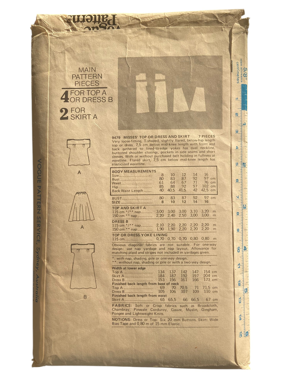 Vogue 9479 very easy vogue vintage 1970s dress, top and skirt sewing pattern Bust 32.5 inches