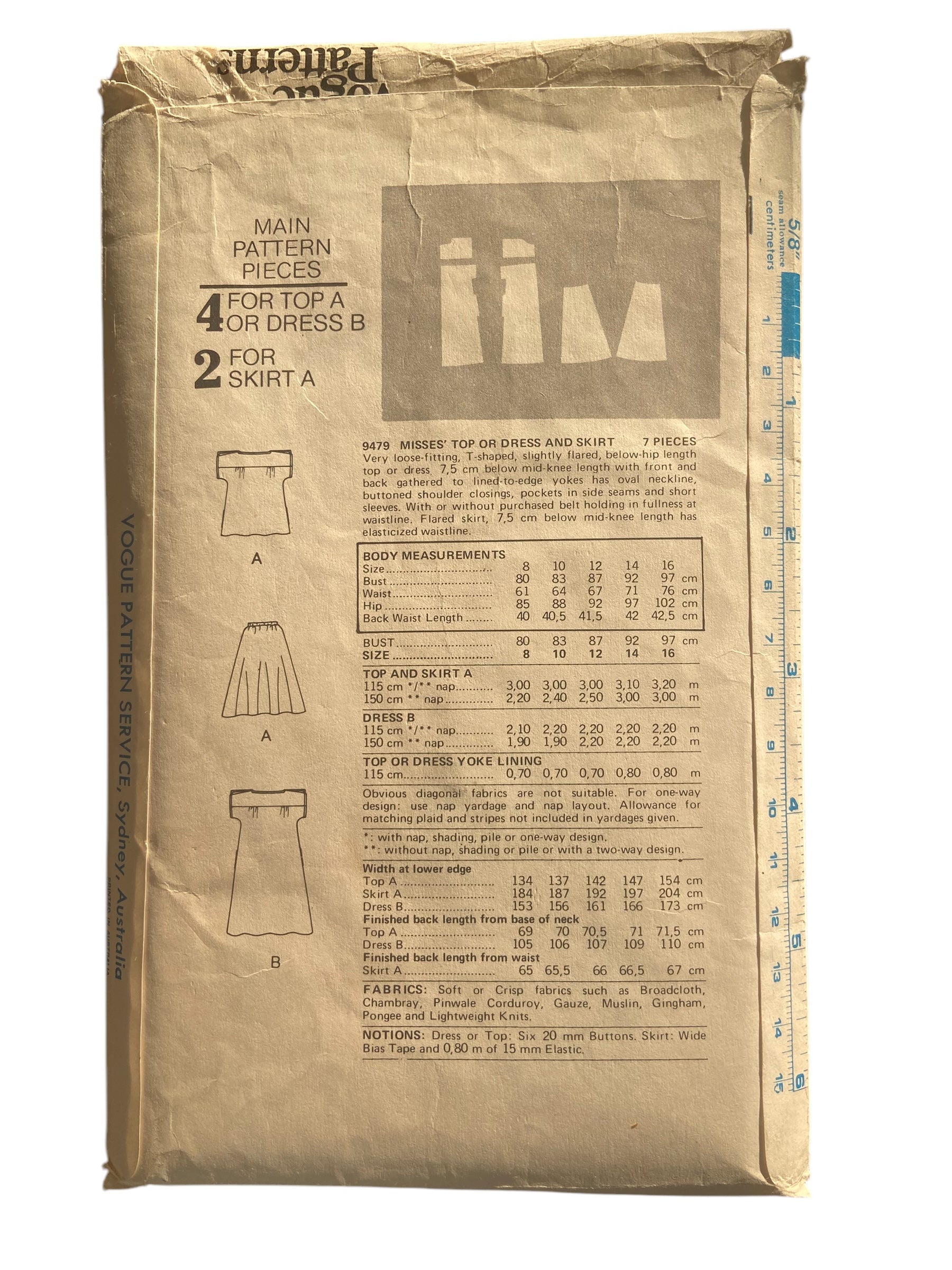 Vogue 9479 very easy vogue vintage 1970s dress, top and skirt sewing pattern Bust 32.5 inches
