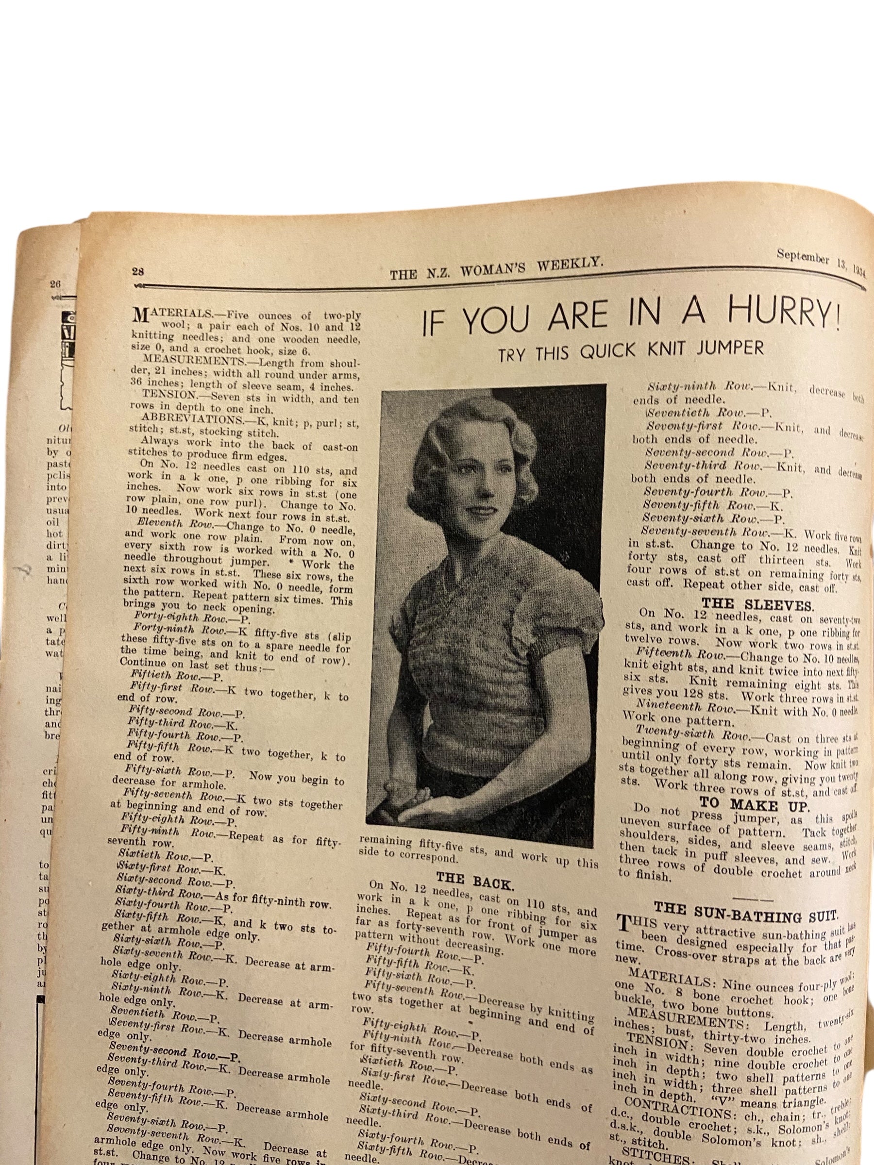 New Zealand Woman’s Weekly September 13 1934 with a sewing pattern, unused, factory folded, ladies maternity frock (attractive and simple maternity frock), bust 36 inches