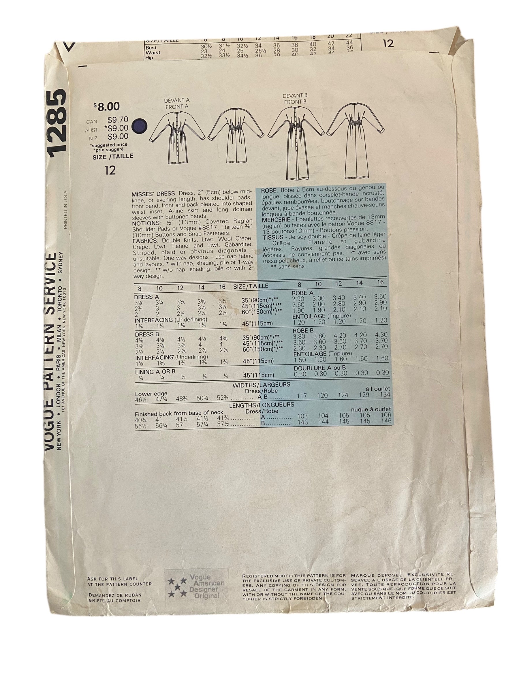 Vogue 1285 vintage 1980s Vogue American Designer Geoffrey Beene dress sewing pattern. Bust 34 inches.