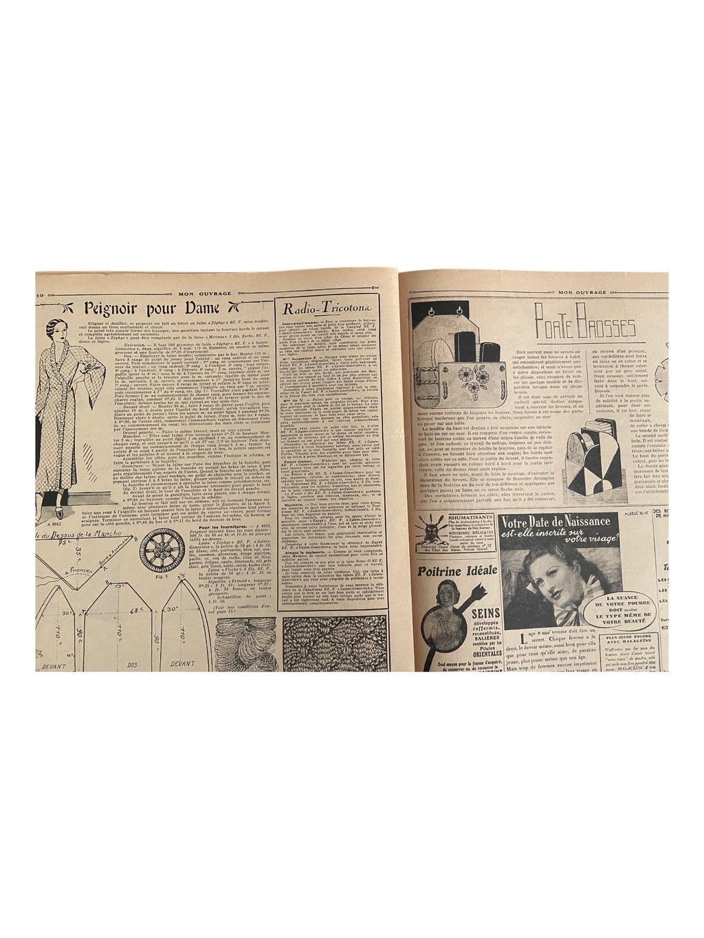 Mon Ouvrage 1 Octobre 1936 vintage French craft magazine with crochet patterns for a pegnoir, a golf jumper and a baby’s hat