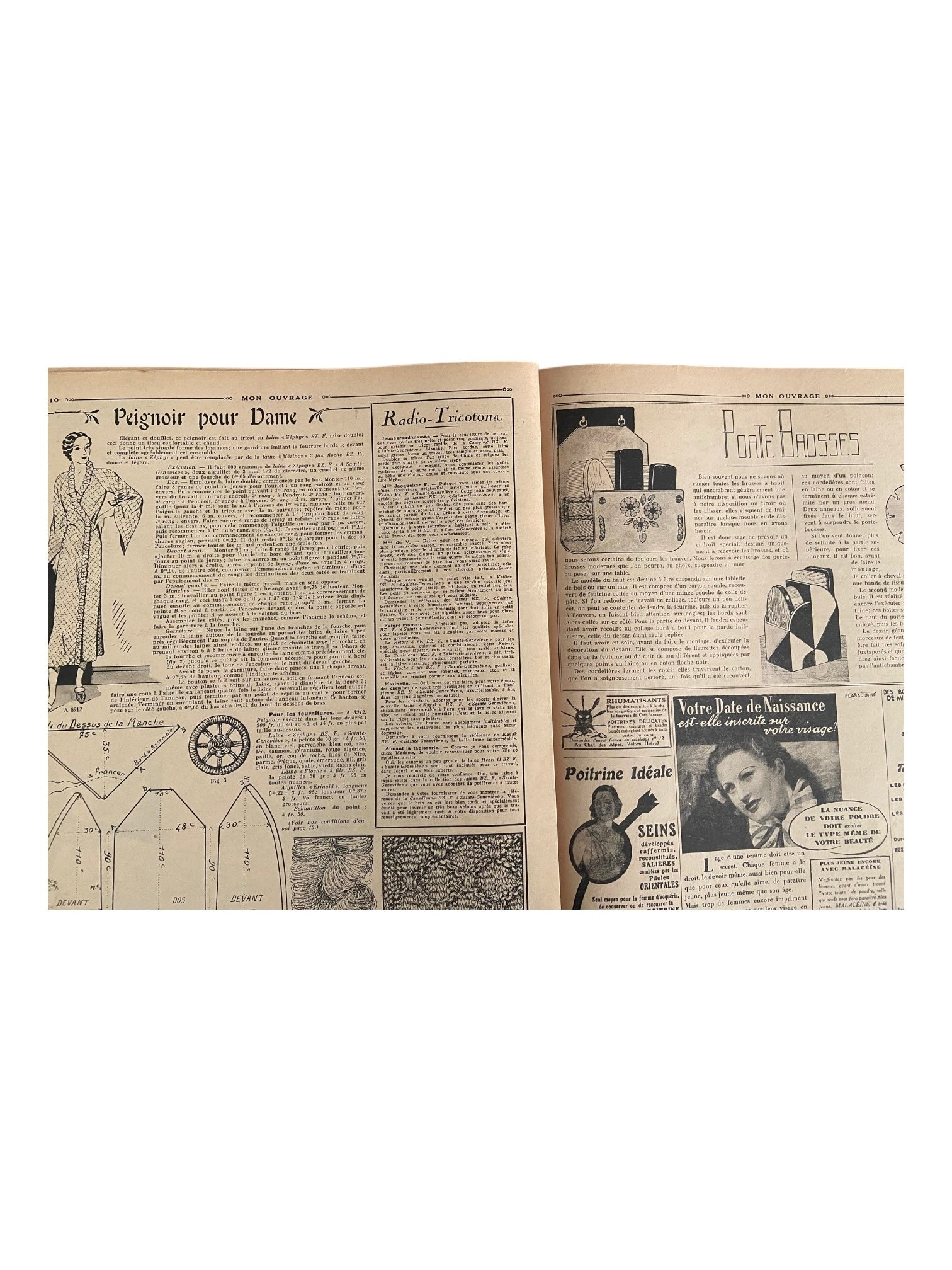 Mon Ouvrage 1 Octobre 1936 vintage French craft magazine with crochet patterns for a pegnoir, a golf jumper and a baby’s hat