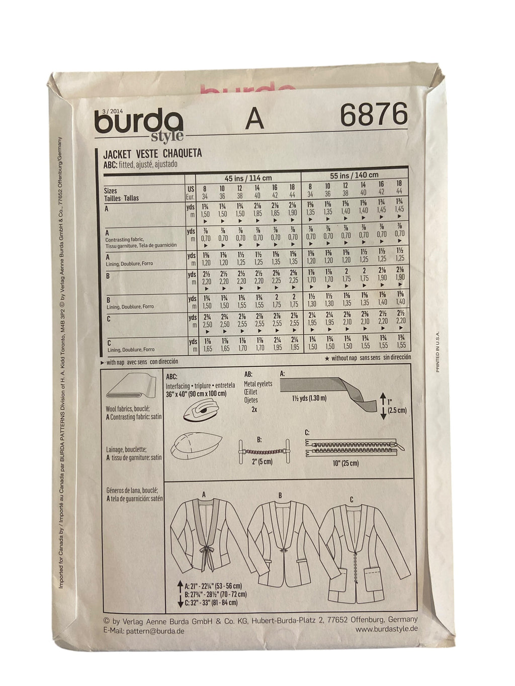 Burda style 6876 jacket sewing pattern. Sizes US 8-18