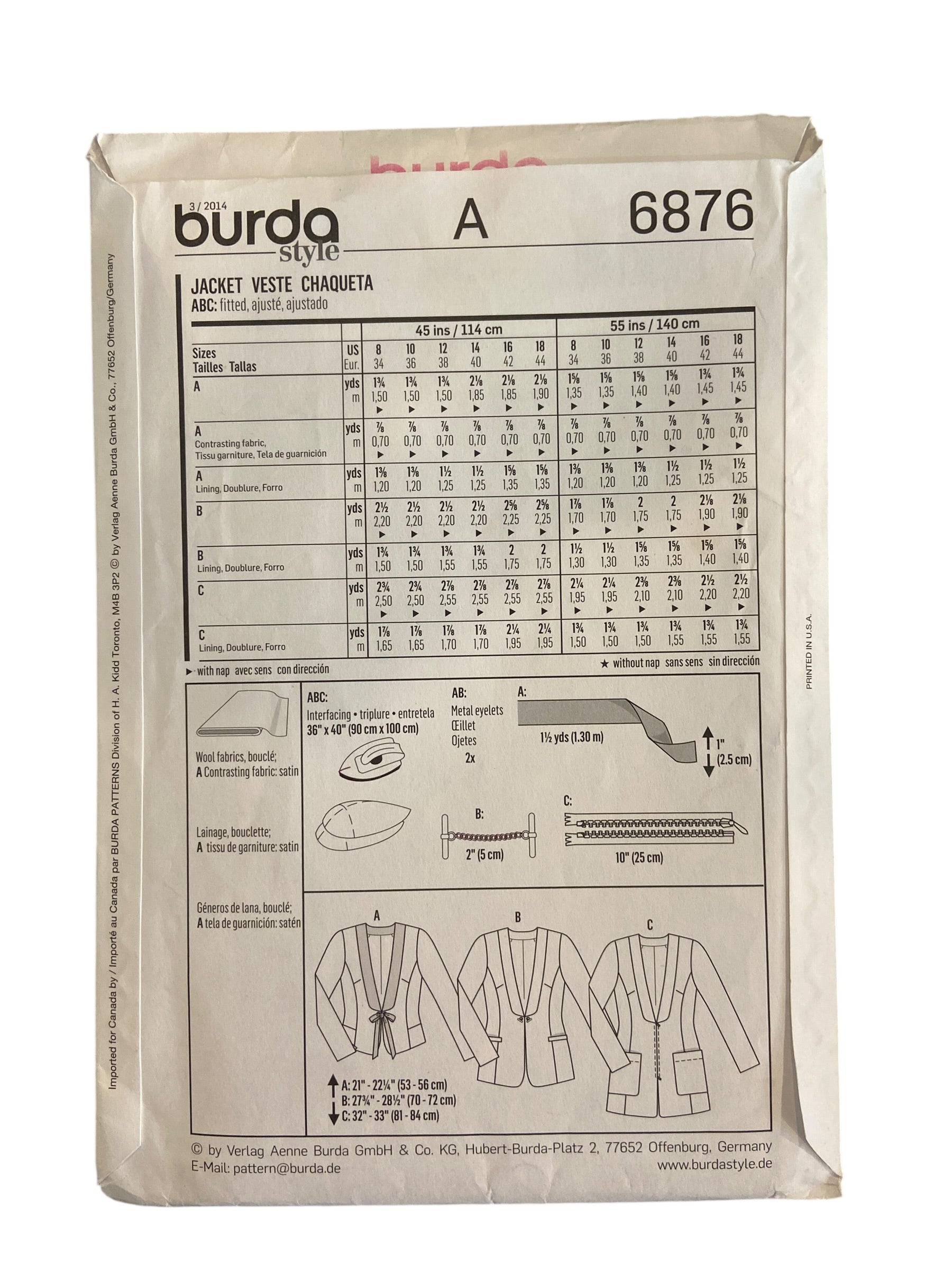Burda style 6876 jacket sewing pattern. Sizes US 8-18