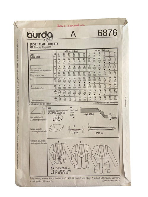 Burda style 6876 jacket sewing pattern. Sizes US 8-18