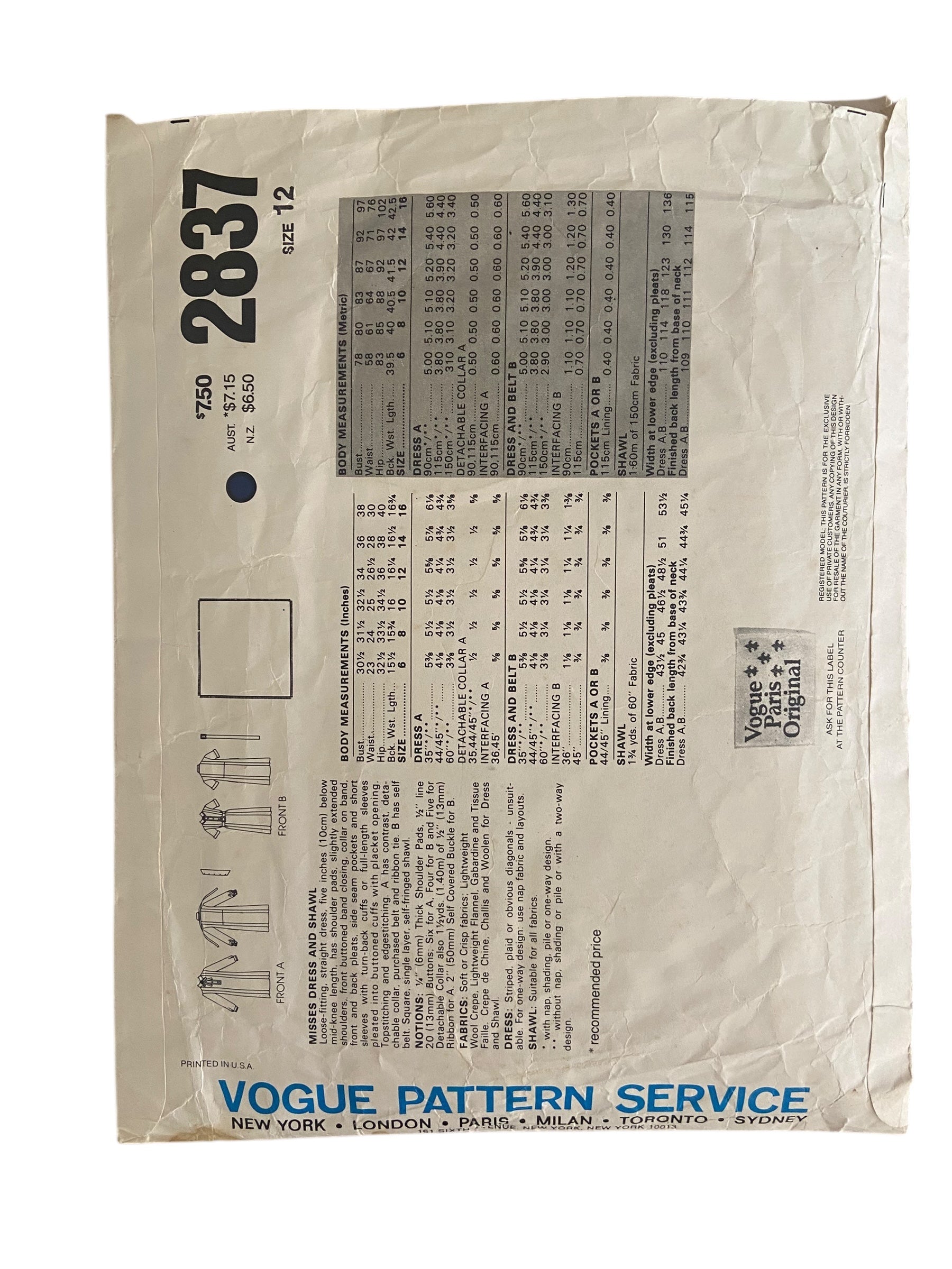 Vintage 1980s Vogue 2837 Paris Original Guy Laroche dress sewing pattern Bust 34 inches.