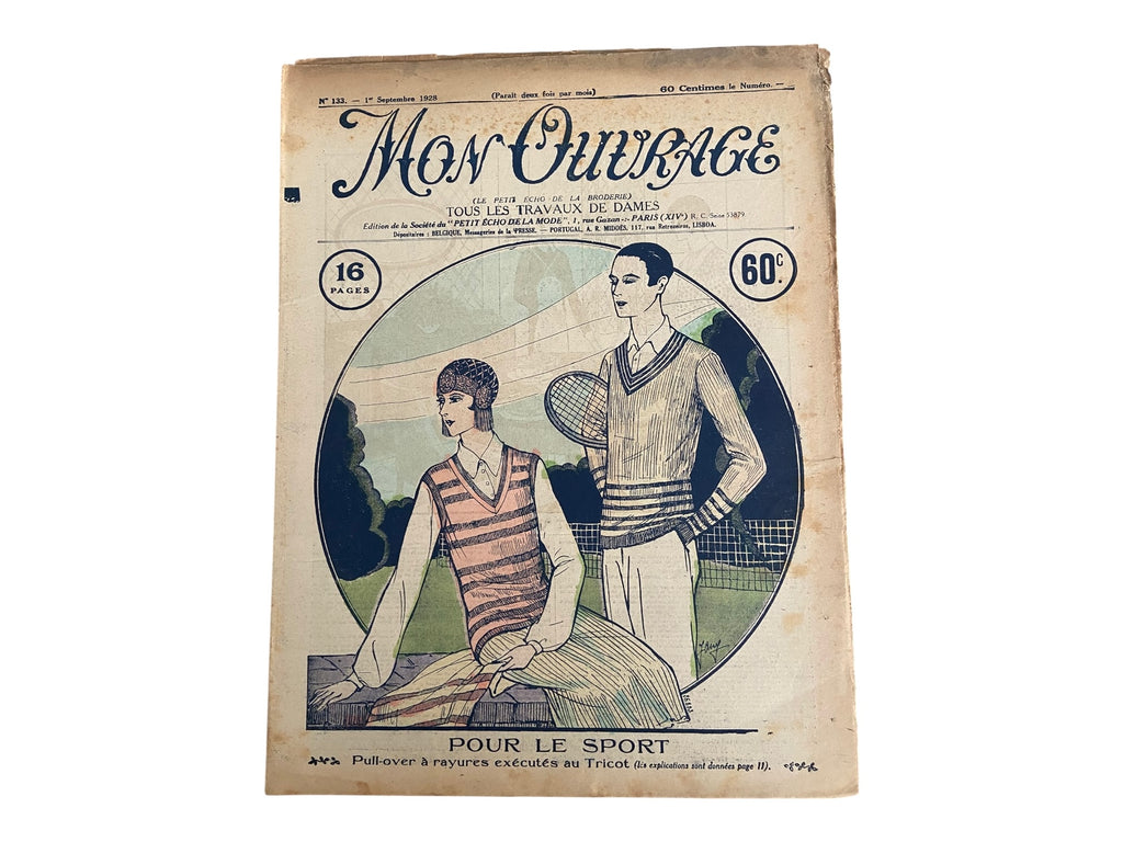 Mon Ouvrage 1 Septembre 1928 vintage French craft magazine with knitting pattern for the sports vest and jumper on the cover
