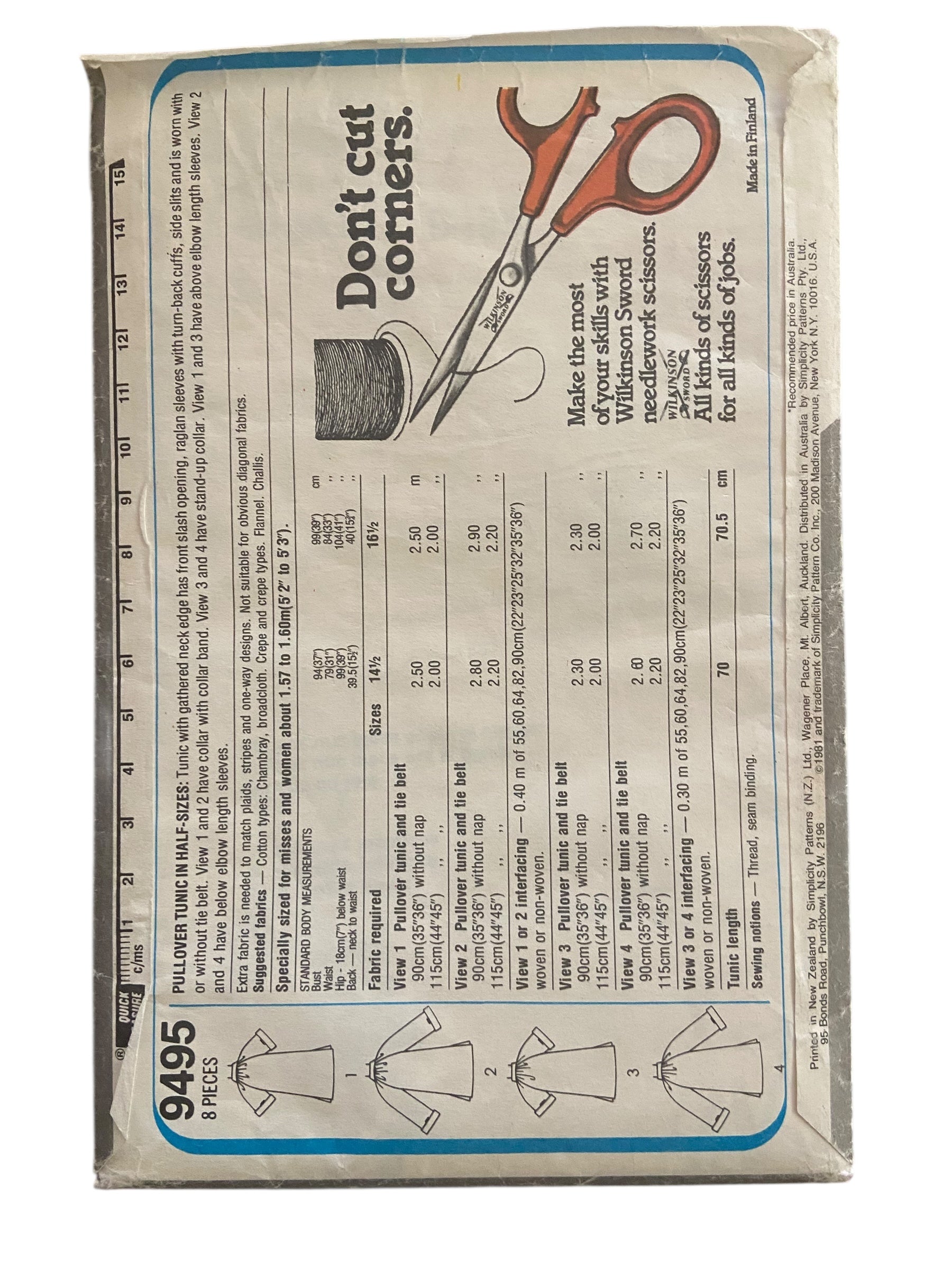 Simplicity 9495 vintage 1980s top sewing pattern. Bust 37 inches