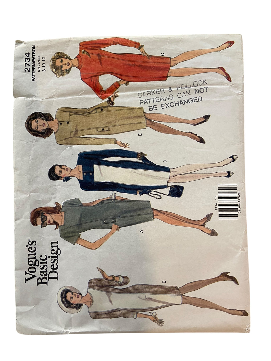 Vogue 2734 basic design vintage 1990s dress sewing pattern Bust 31.5, 32.5, 34 inches