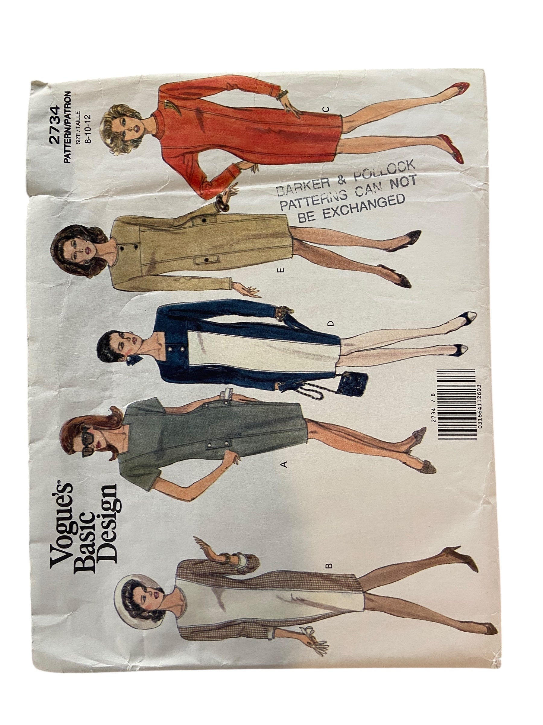 Vogue 2734 basic design vintage 1990s dress sewing pattern Bust 31.5, 32.5, 34 inches