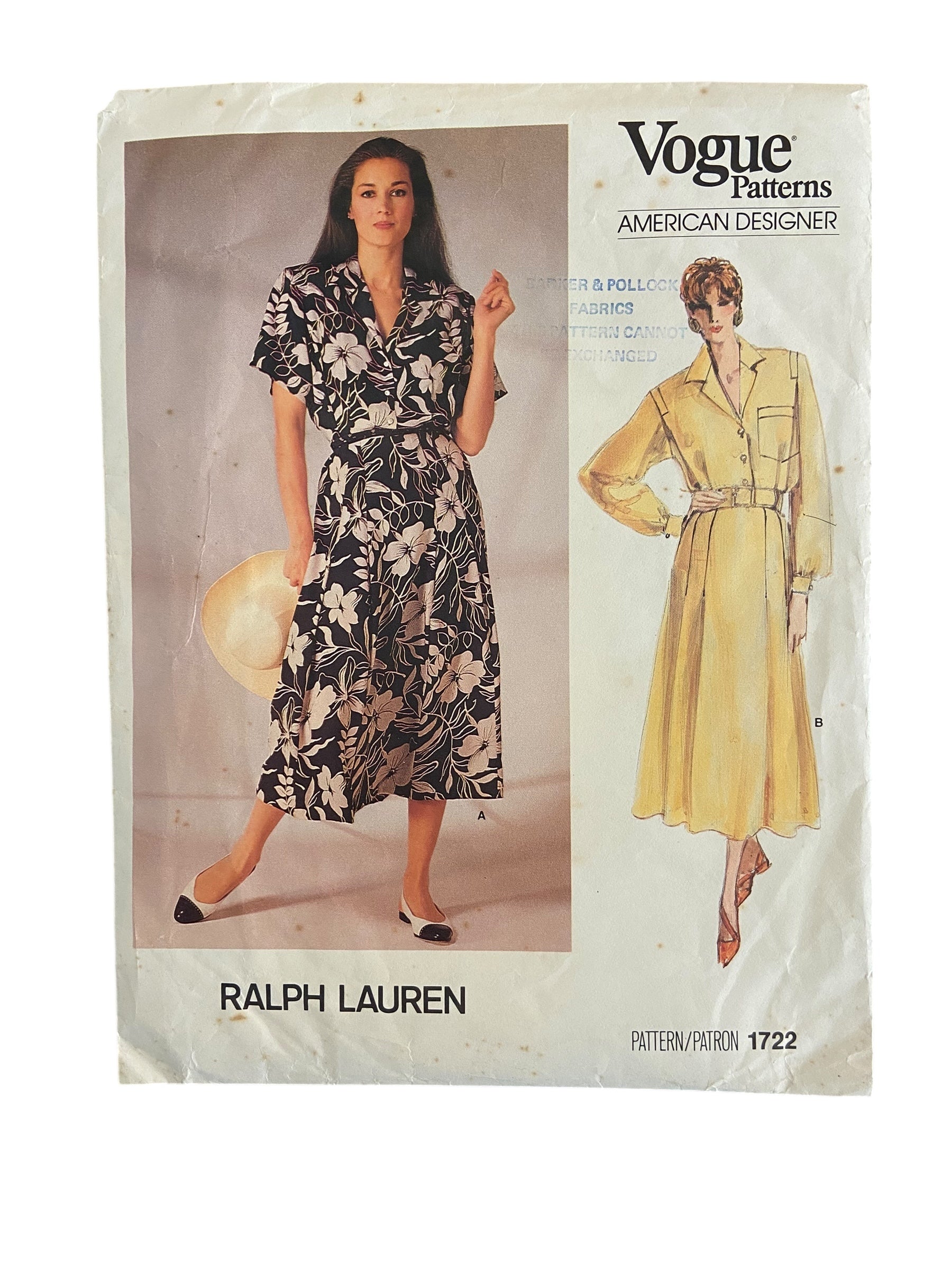 Vogue 1722 Ralph Lauren Vintage 1980s dress sewing pattern. Bust 34 inches