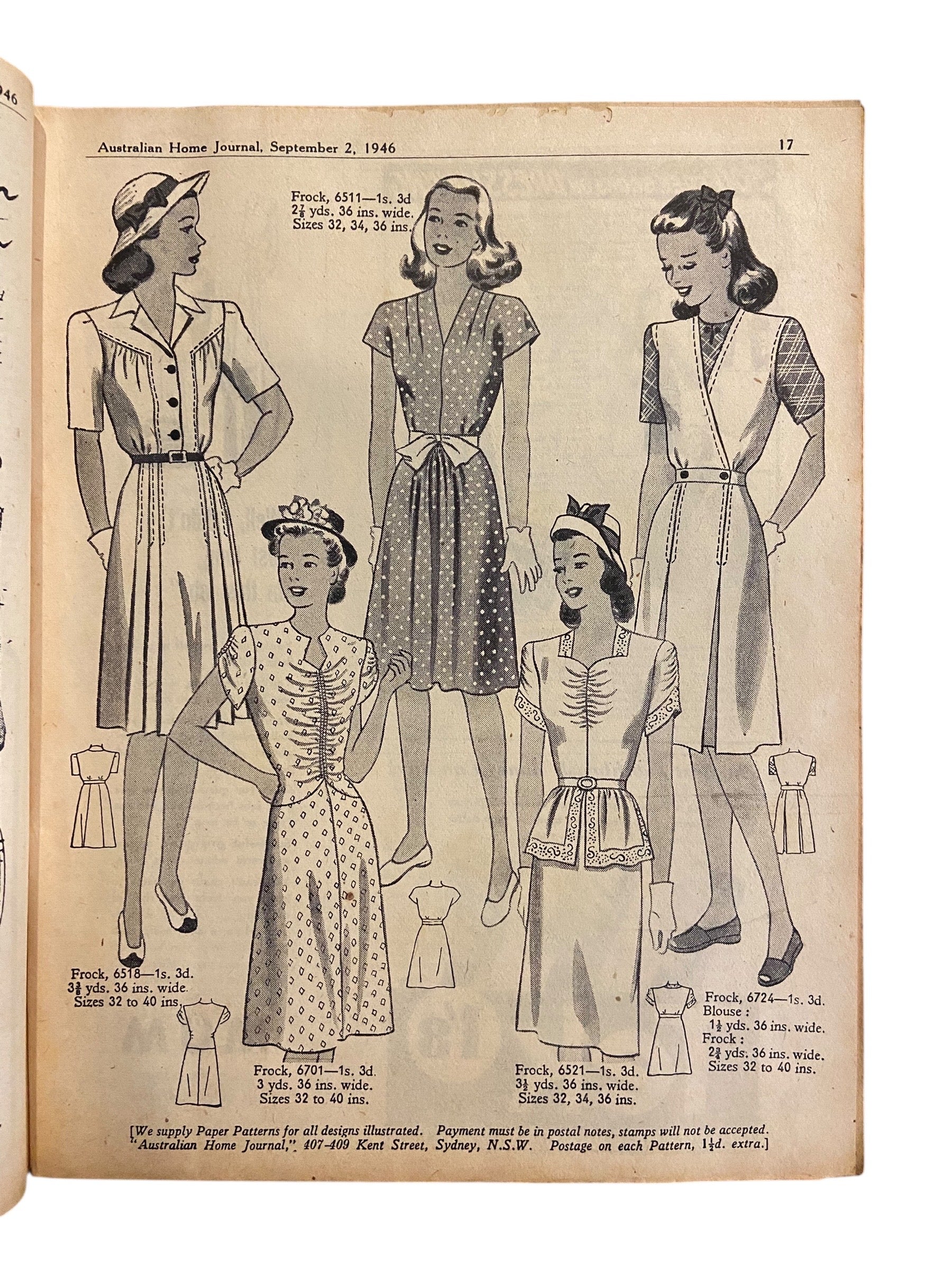 Australian home journal September 2nd 1946 with three sewing patterns, unused, factory folded, two women’s dresses (36 inch bust) and child’s frock age 8 years
