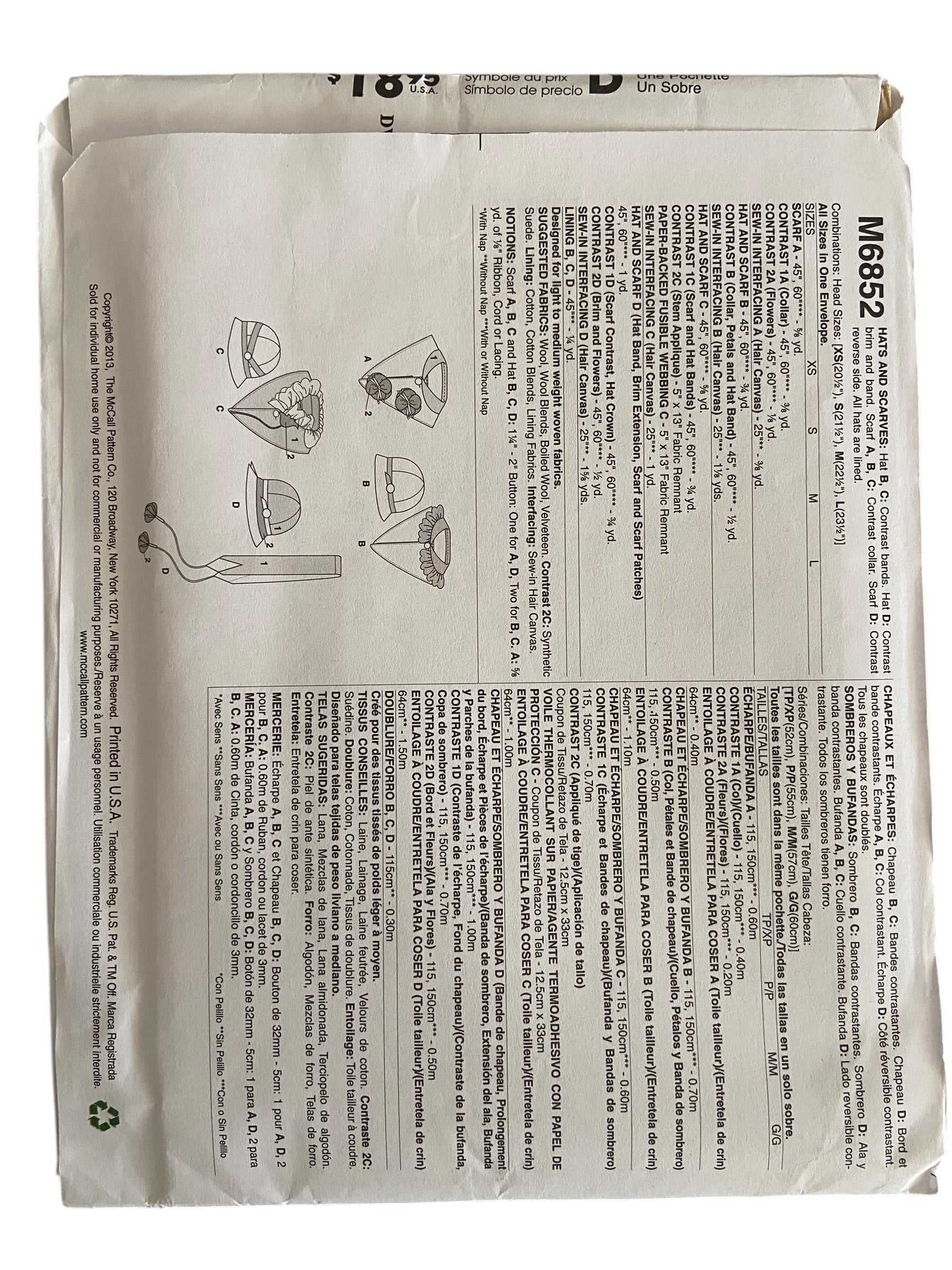 McCall’s M6852 hats and scarves sewing pattern from the 2000s. One size