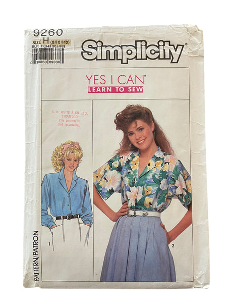 Simplicity 9260 vintage 1980s blouse sewing pattern. Bust 30.5, 31.5, 32.5 inches