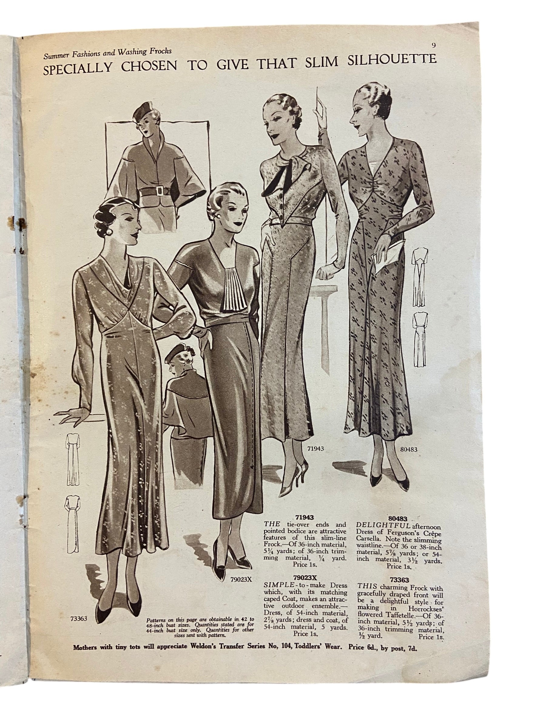 Weldon’s Summer Fashions and Washing Frocks for Outsizes catalogue Outsize Series No. 21 circa 1930s with two sewing patterns, unused, factory folded dress with collar, dress with short sleeves.Bust 42 inches.