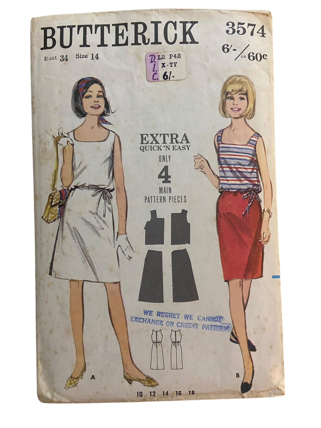 Butterick 3574 1960s dress sewing pattern. Bust 34 inches