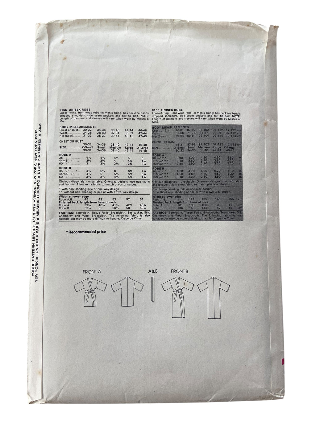 Vogue 8155 vintage 1980s unisex robe sewing pattern Chest 34-36 inches