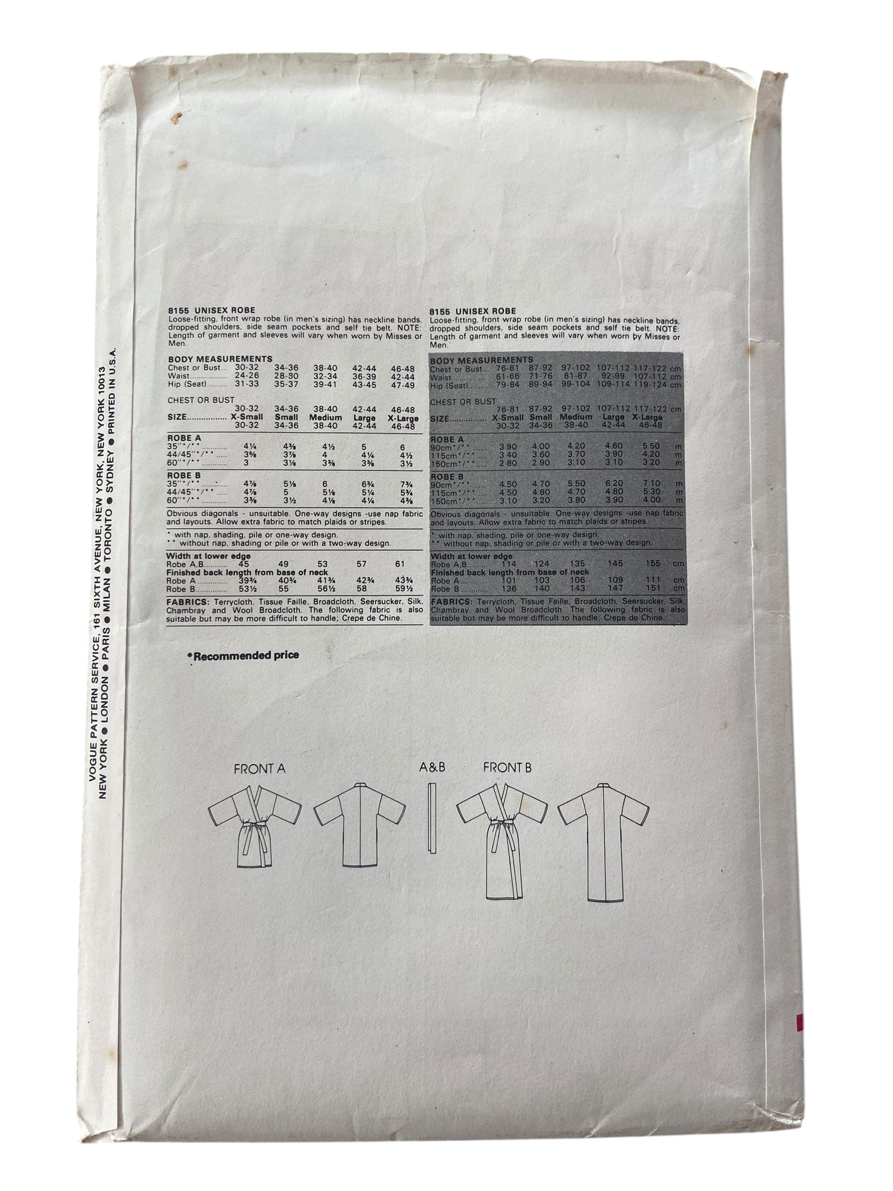 Vogue 8155 vintage 1980s unisex robe sewing pattern Chest 34-36 inches