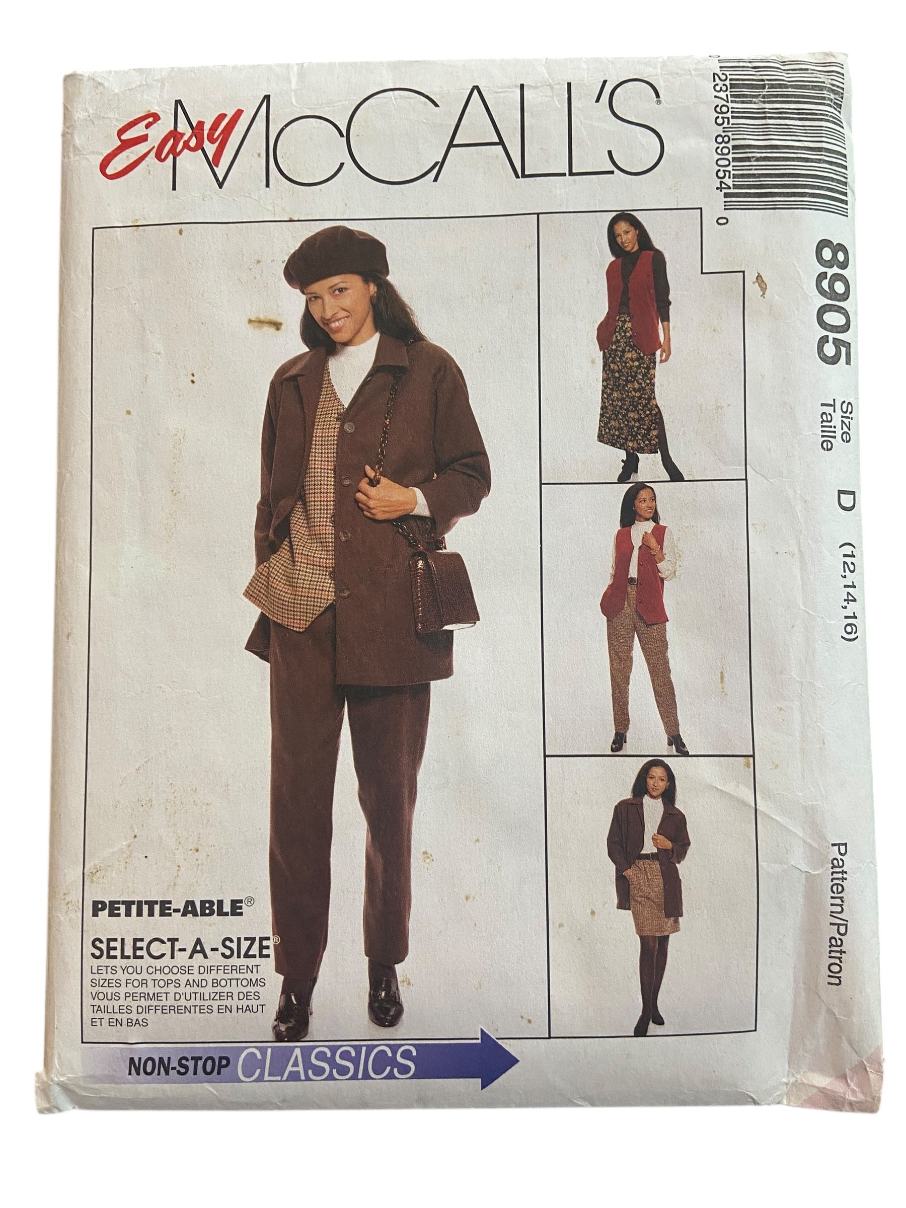 McCall’s 8905 vintage 1990s jacket, vest, skirt and pants sewing pattern Bust 32, 34, 36 inches