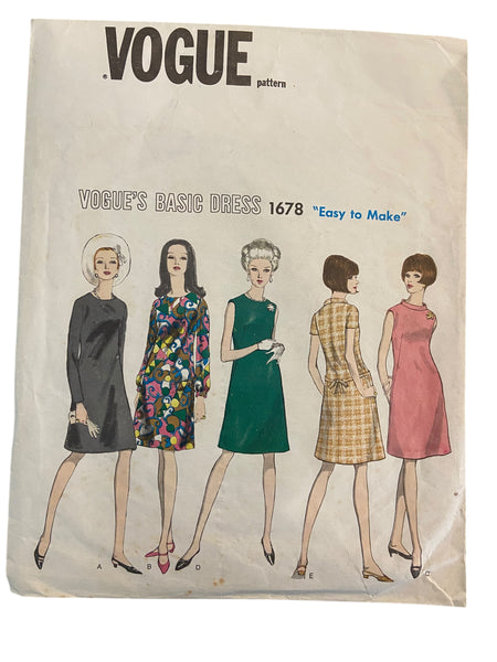 Vogue 1678 Vintage 1960s basic dress pattern Bust 36 inches