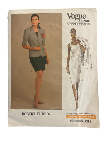 Vogue Designer Original 2294 vintage 1980s Vogue Robert Burton dress and jacket sewing pattern Bust 31.5, 32.5, 34 inches