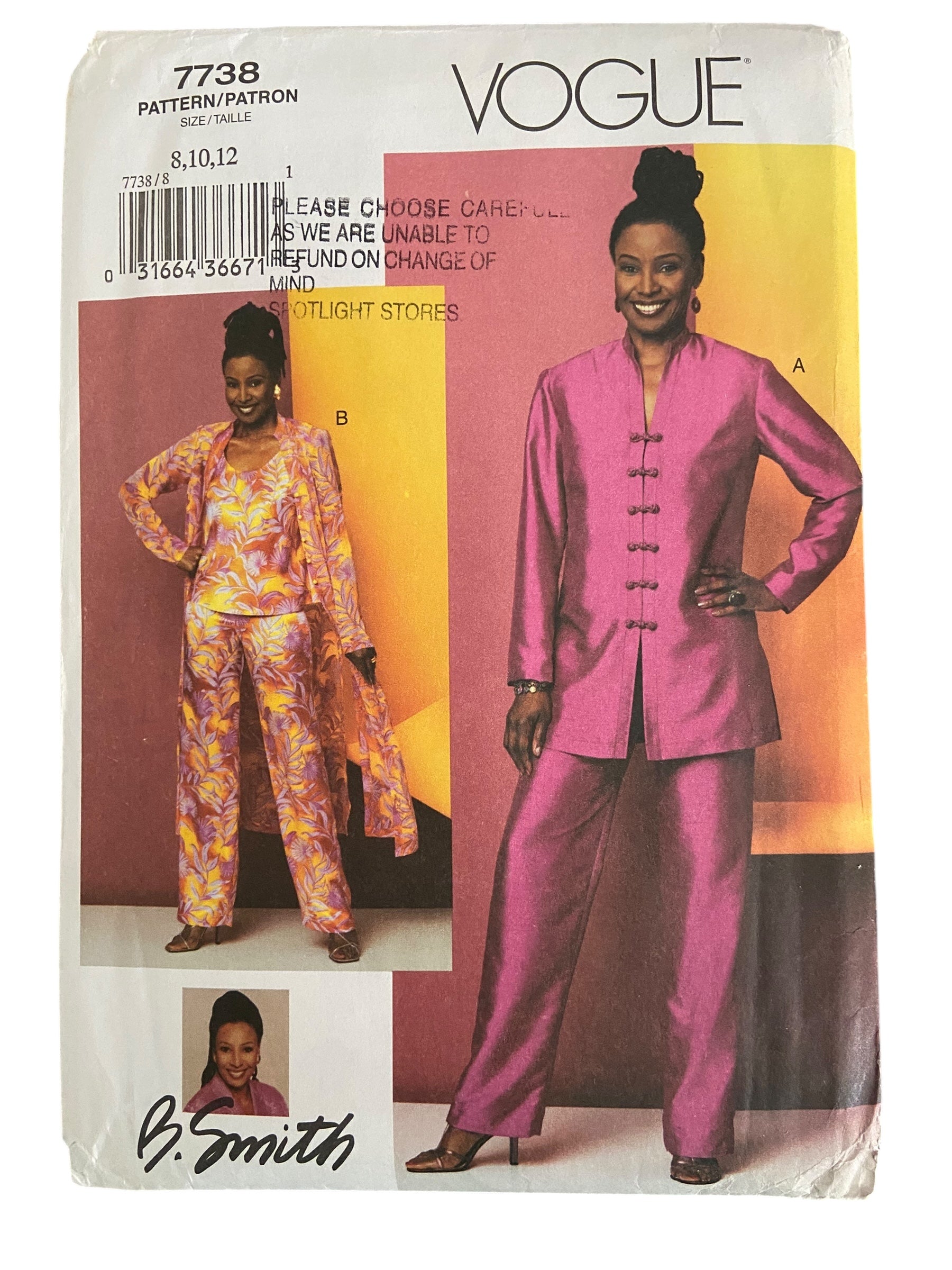 Vogue 7738 2000s pattern tunic, duster, top and pants. Bust 31.5, 32.5, 34 inches