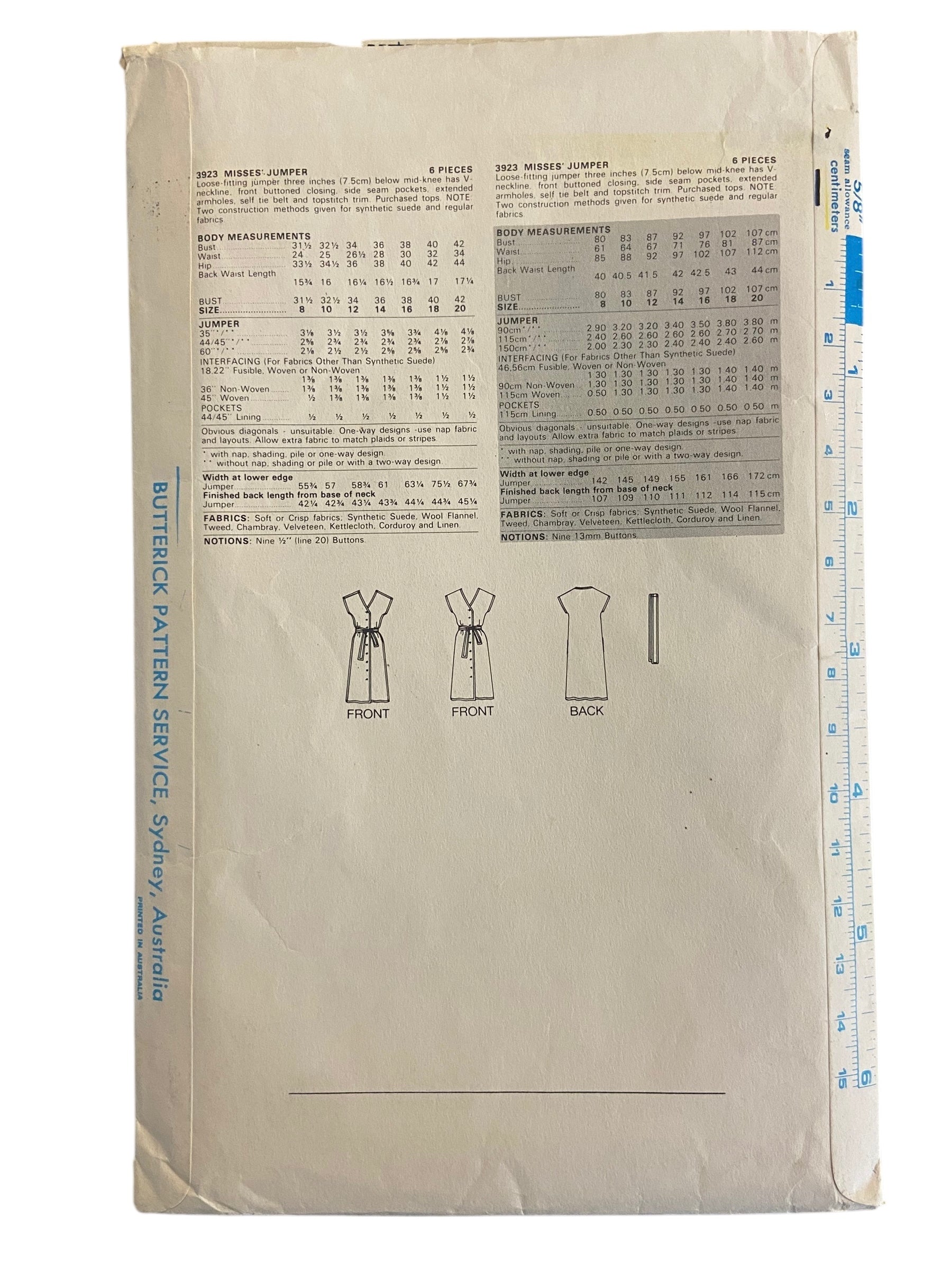 Butterick 3923 vintage 1970s jumper pinafore sewing pattern. Bust 32.5 inches