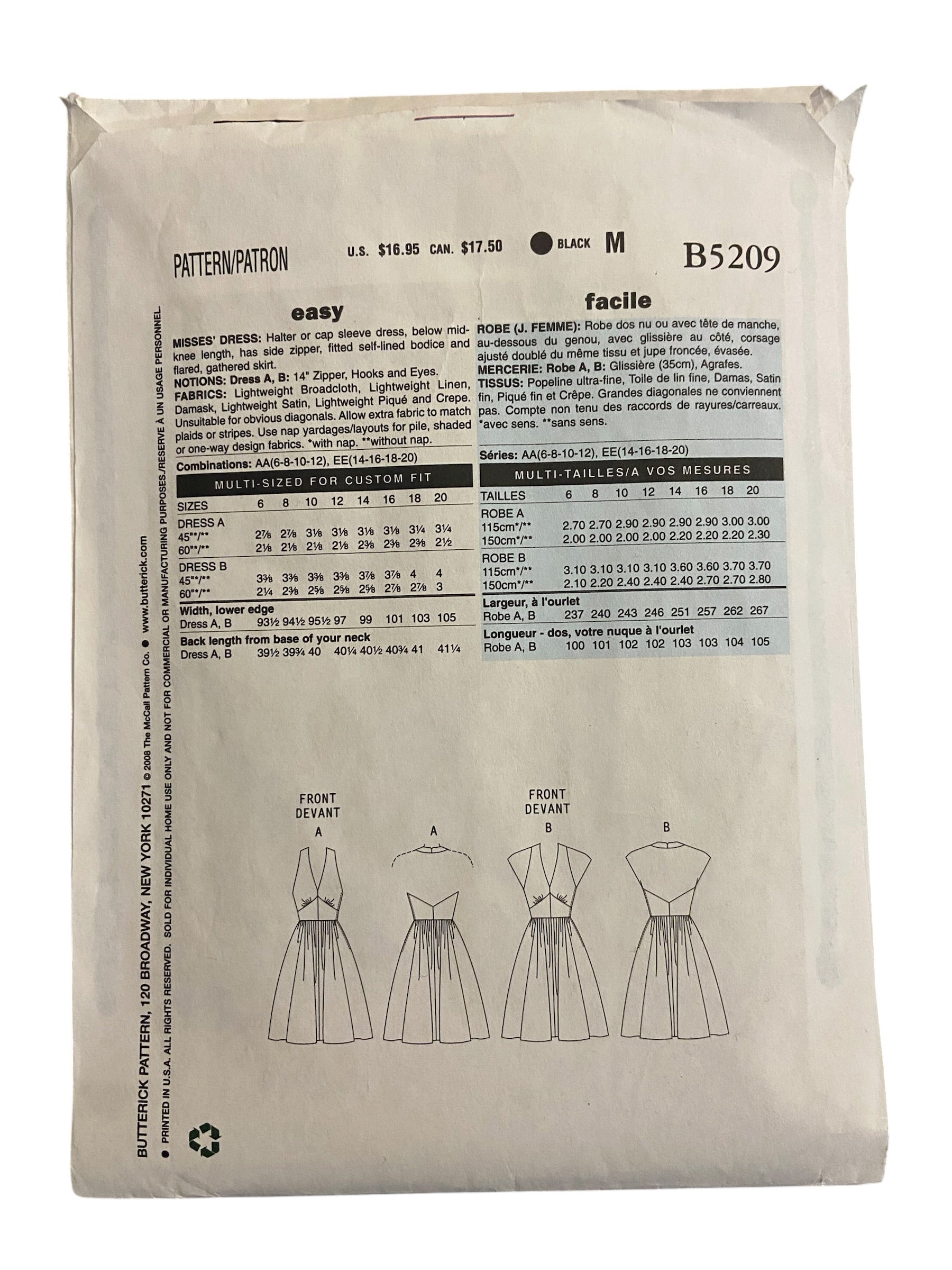 Butterick B5209  reissued vintage 1947 dress sewing pattern Bust 36, 38, 40, 42 inches