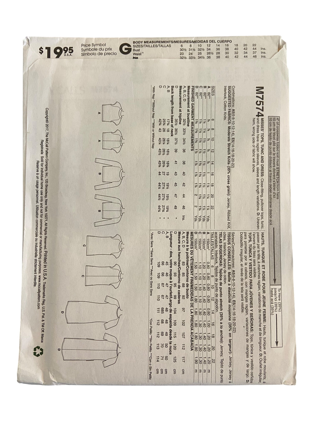 McCall's M7574 Melissa Watson tops, tunic and dress sewing pattern from the 2000s. Bust 30.5, 31.5, 32.5, 34, 36 inches