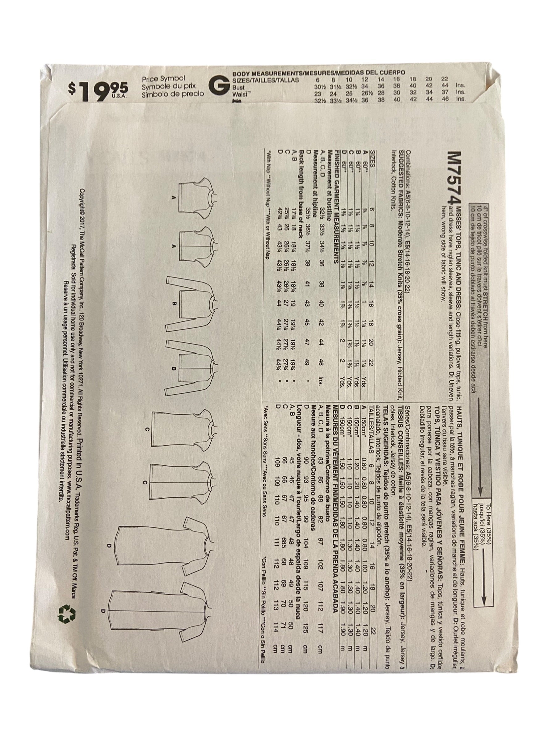 McCall's M7574 Melissa Watson tops, tunic and dress sewing pattern from the 2000s. Bust 30.5, 31.5, 32.5, 34, 36 inches