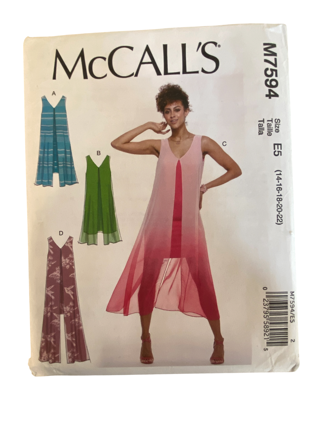 McCall's M7594 dresses sewing pattern from the 2000s. Bust 36, 38, 40, 42, 44 inches.