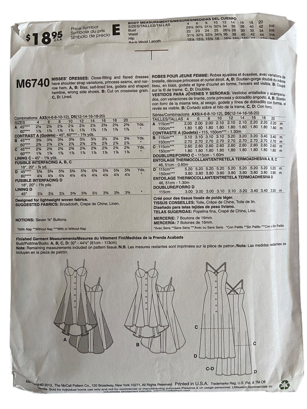 McCall's M6740 dress sewing pattern from the 2000s. Bust 29.5, 30.5, 31.5, 32.5, 34 inches