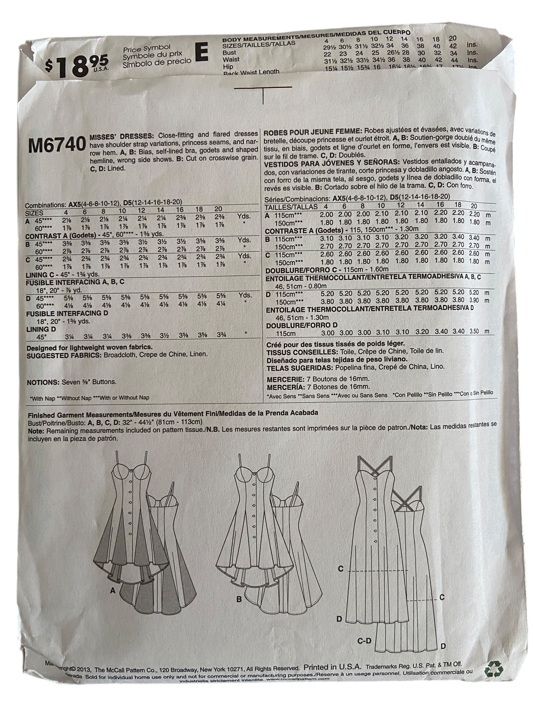 McCall's M6740 dress sewing pattern from the 2000s. Bust 29.5, 30.5, 31.5, 32.5, 34 inches